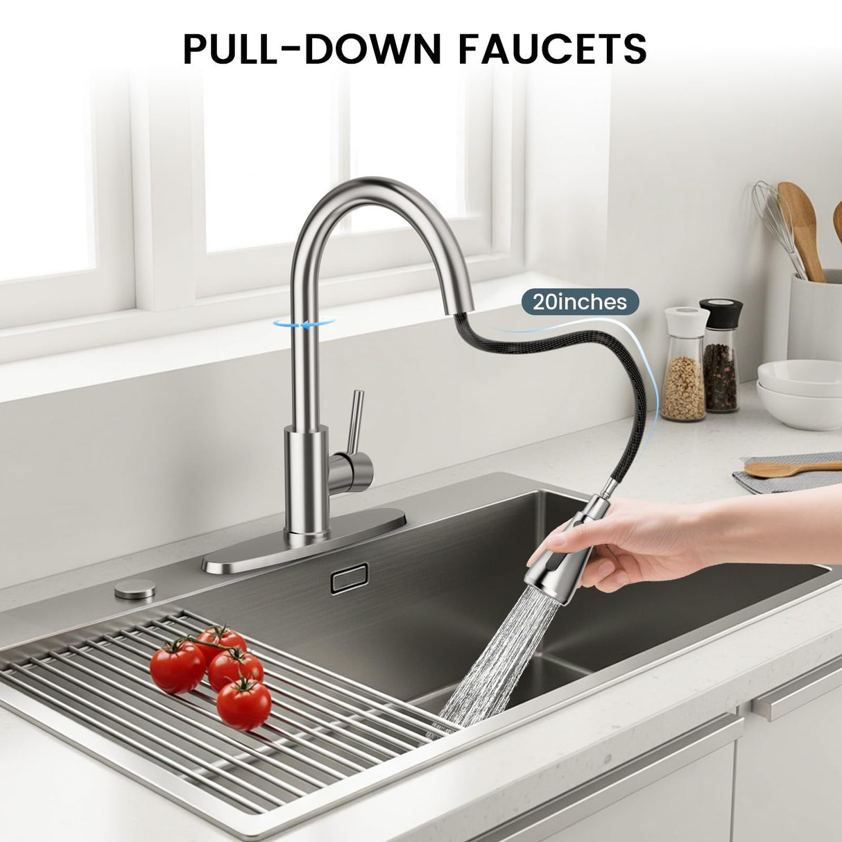 FEELSO Kitchen Faucets with Pull Down Sprayer, High Arc Stainless Steel Single Handle Kitchen Sink Faucet, 1 or 3 Hole Brushed Nickel Water Faucets for Farmhouse Laundry Camper Rv Bar