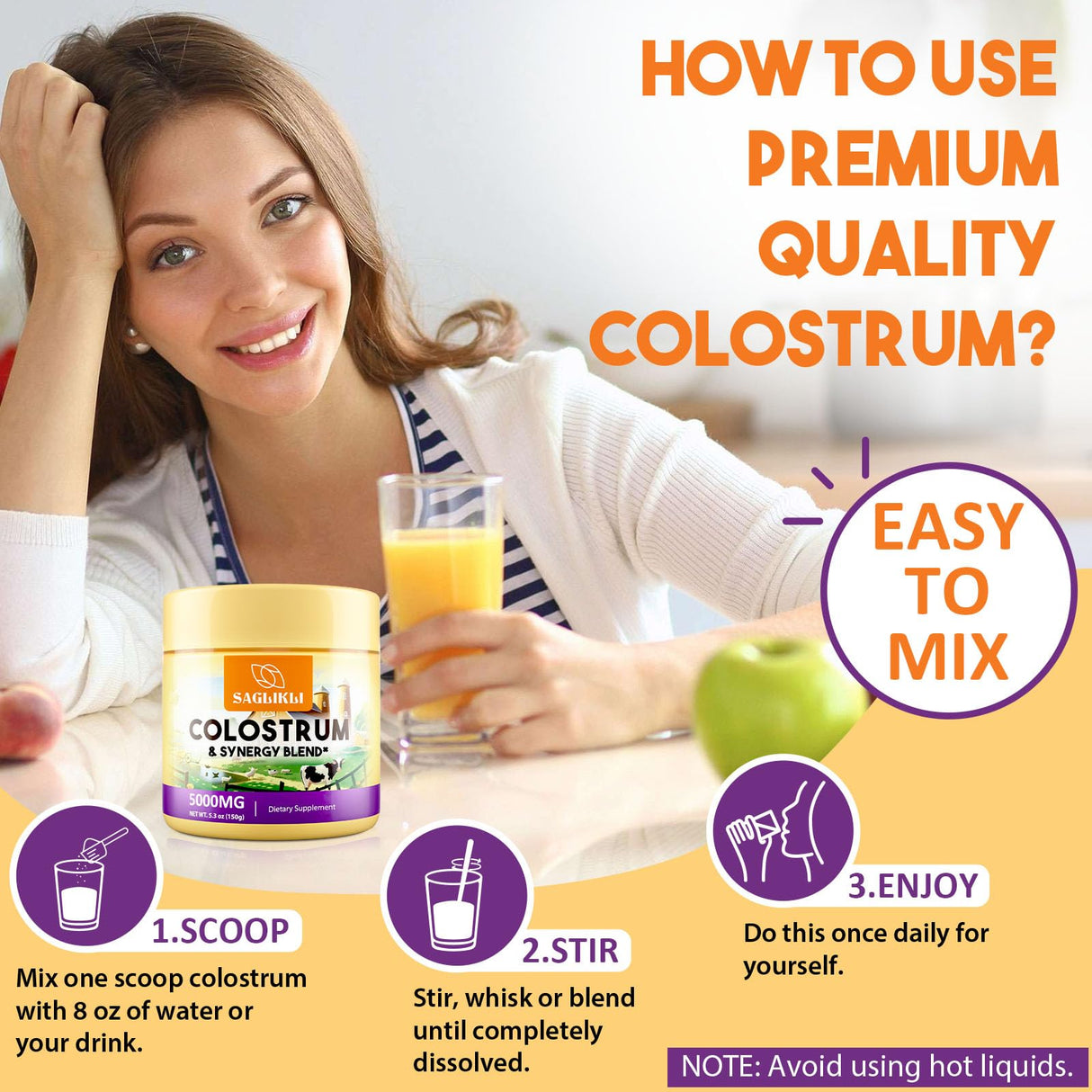 Colostrum Powder Supplement 5,000 mg, Grass-Fed Bovine Colostrum with Prebiotics, Probiotics, Lactoferrin & PRP, 30 Servings