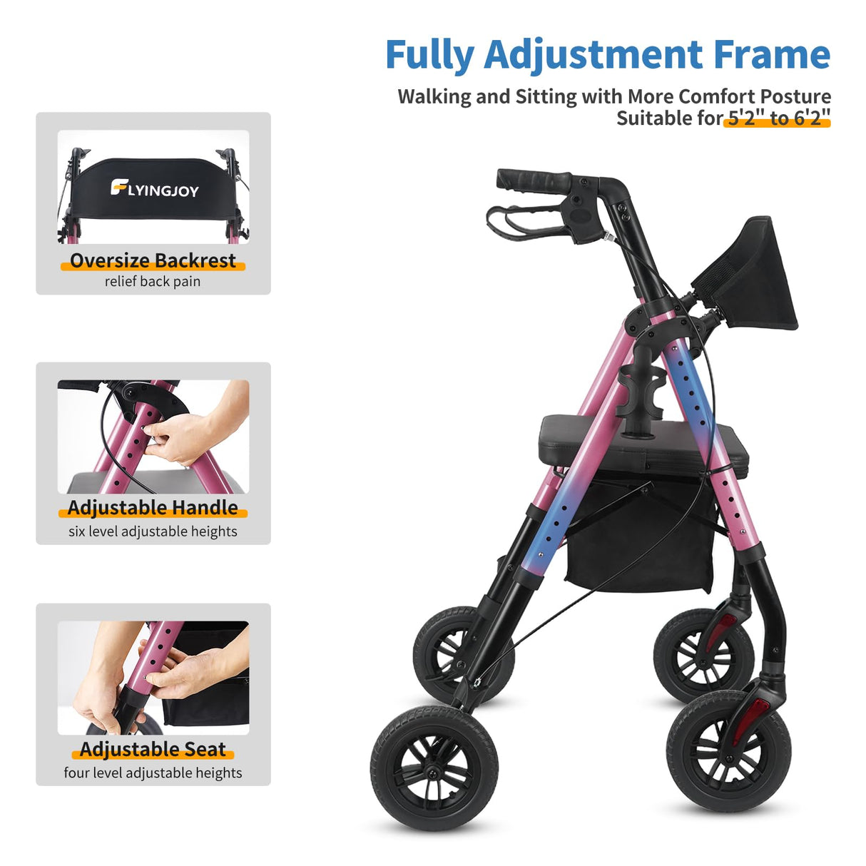 FlyingJoy Rollator Walkers for Seniors, Foldable Rolling Walker with Ergonomic Seat, Armrest, Brake, and Wide Backrest, Adjustable Height, Weight 300 lbs, 8" 4 Wheels Suitable for All Terrains, Pink