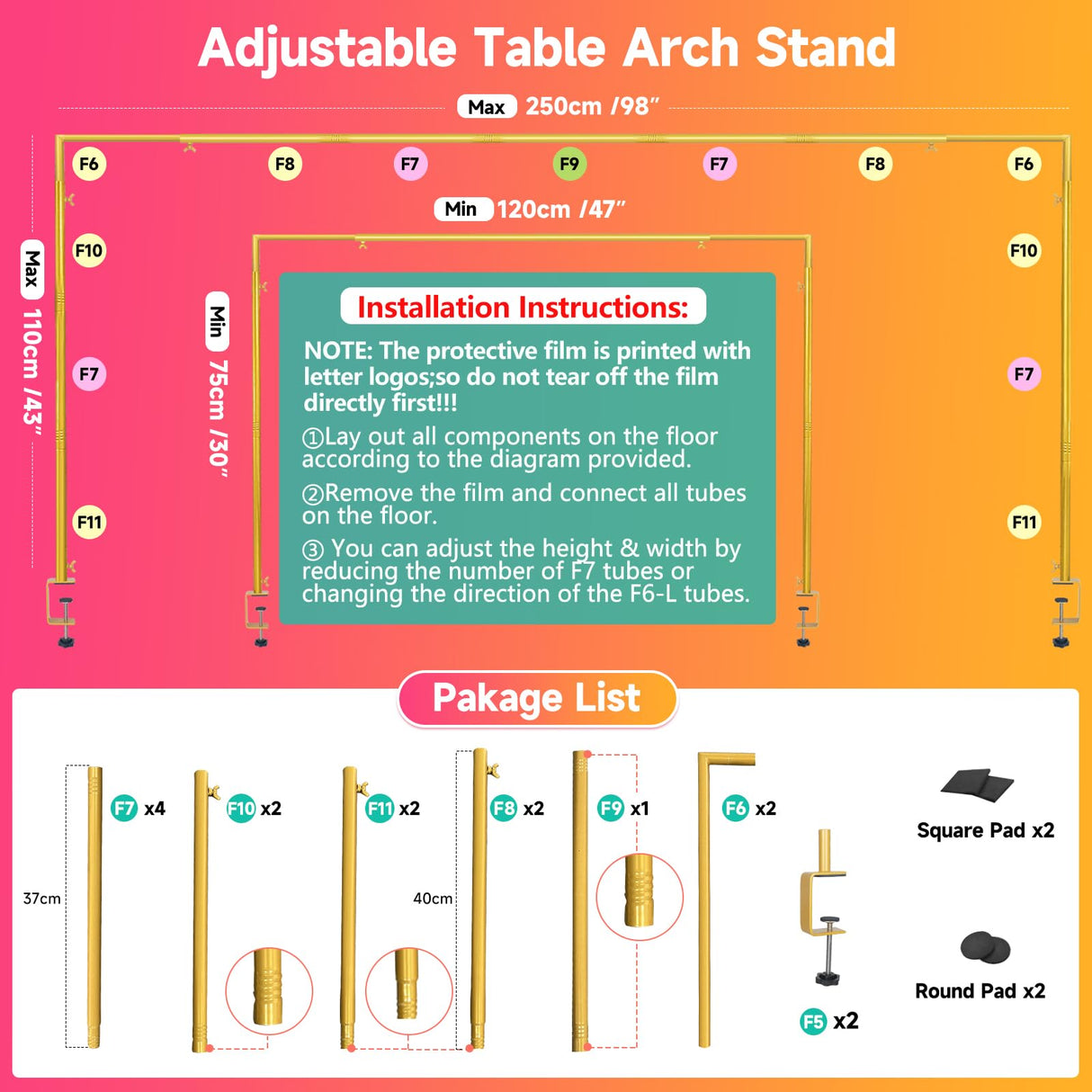 JEBUTU Over The Table Rod Stand with Clamps Adjustable 47"-98" Length 30"-43" Height Gold Table Arch Stand Hanging for Decoration Flowers Display Wedding Birthday Party Halloween Christmas