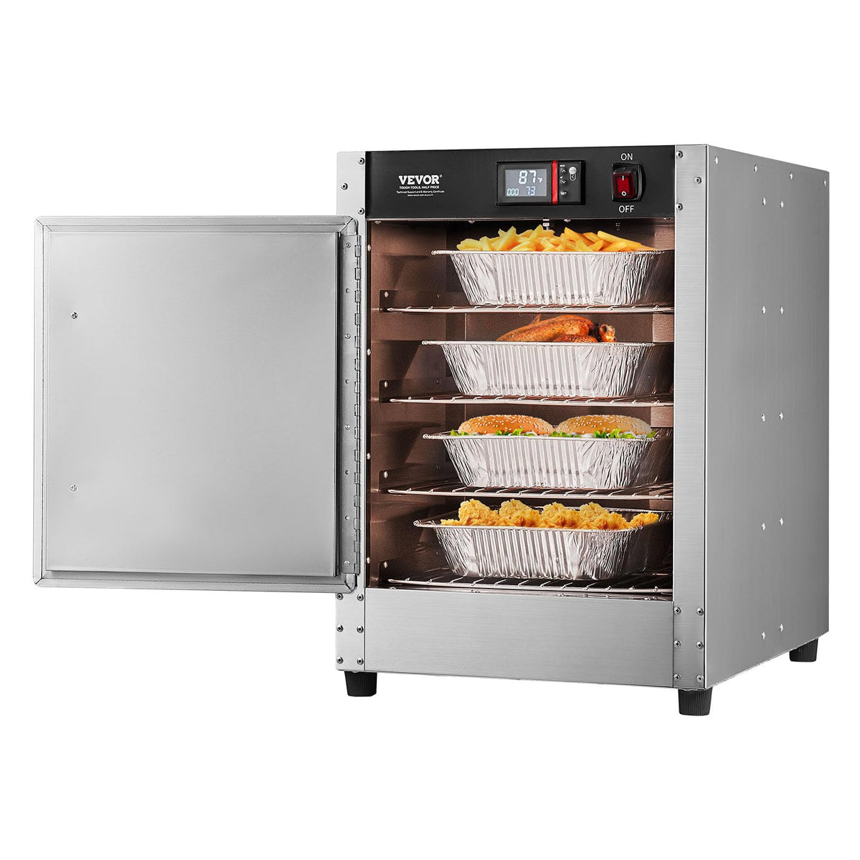 VEVOR Hot Box Food Warmer, 4-Tier Concession Warmer with Water Tray, 4 Pans, Single-Door and Adjustable Shelves, Stainless Steel Food Warmer Cabinet, Ideal for Storing Pizza, Chicken, Restaurant