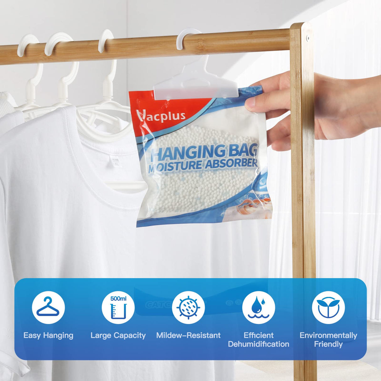 Vacplus Moisture Absorbers, Hanging Closet Dehumidifier Bags, Humidity Packs, Desiccant, Closet Dehumidifiers with Ocean Breeze Fragrance, 10 Pack, 9.8 OZ