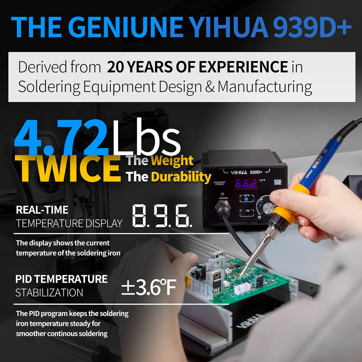 YIHUA 939D+ Digital Soldering Station, 75W Equivalent with Precision Heat Control (392°F to 896°F) and Built-in Transformer. ESD Safe, Lead Free with °C/°F display (Black)