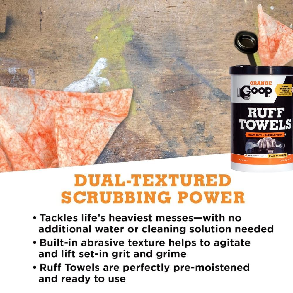 GOOP Orange Heavy Duty Ruff Towels with Scrubbing Power, 10โ x 12โ Dual Textured Multi-Purpose Cleaning Wipes, Removes Dirt, Grease, Oil, 72 Count