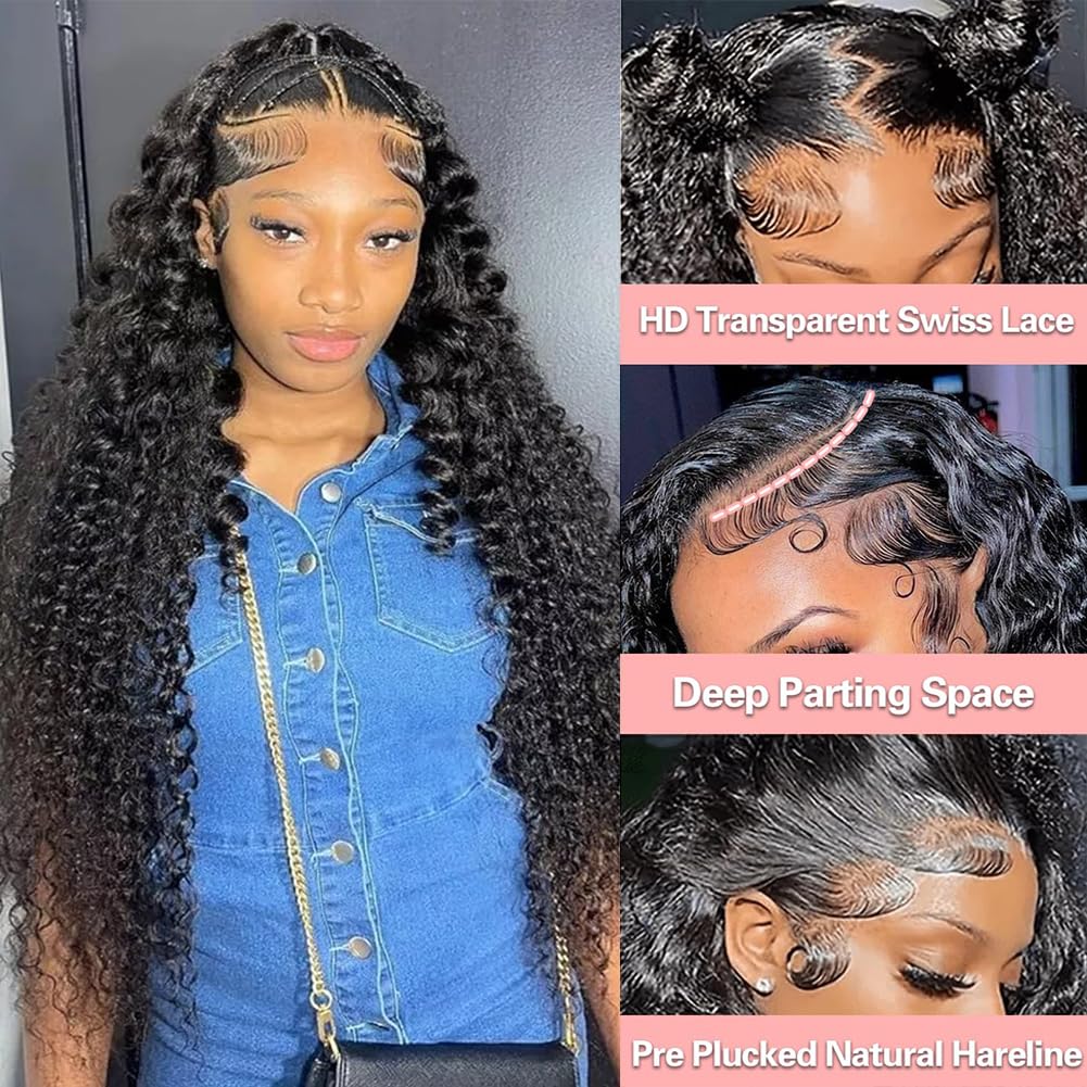200 density 13x6 Water Wave Lace Front Wigs Human Hair Pre Plucked Glueless Wigs Human Hair Water Deep Cury HD Transparent 13x6 Full Lace Frontal Wigs Brazilian Virgin Hair Wigs Natural Black 28inch