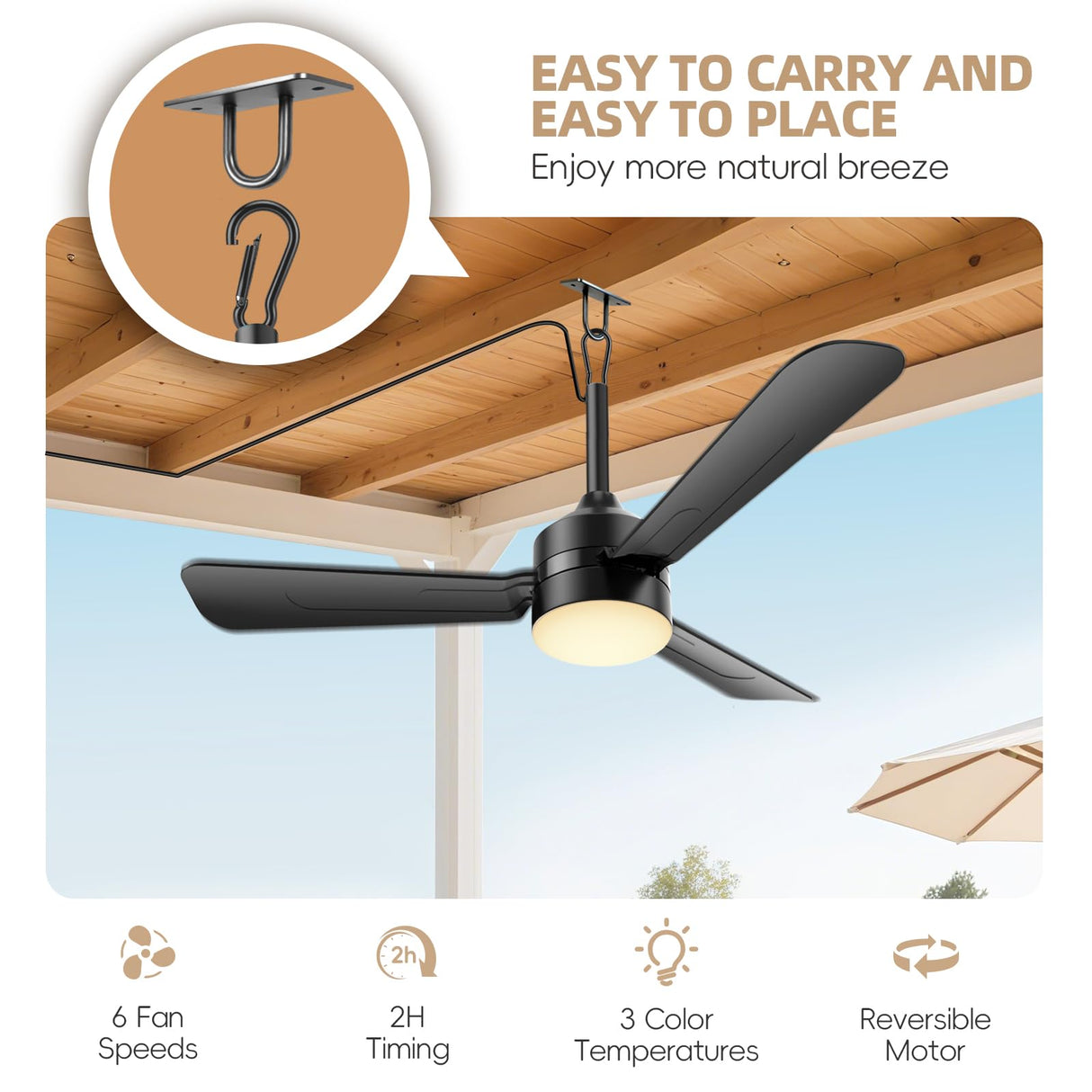 PBLALA Ceiling Fans with Lights,36.5" Plug in Ceiling Fan Light,Gazebo Fan Light,LED Fan Light Hanging with Hook,Hook Type Fan,45W,3000-6500k,Remote Control,Portable Fan for Patios,Pergola