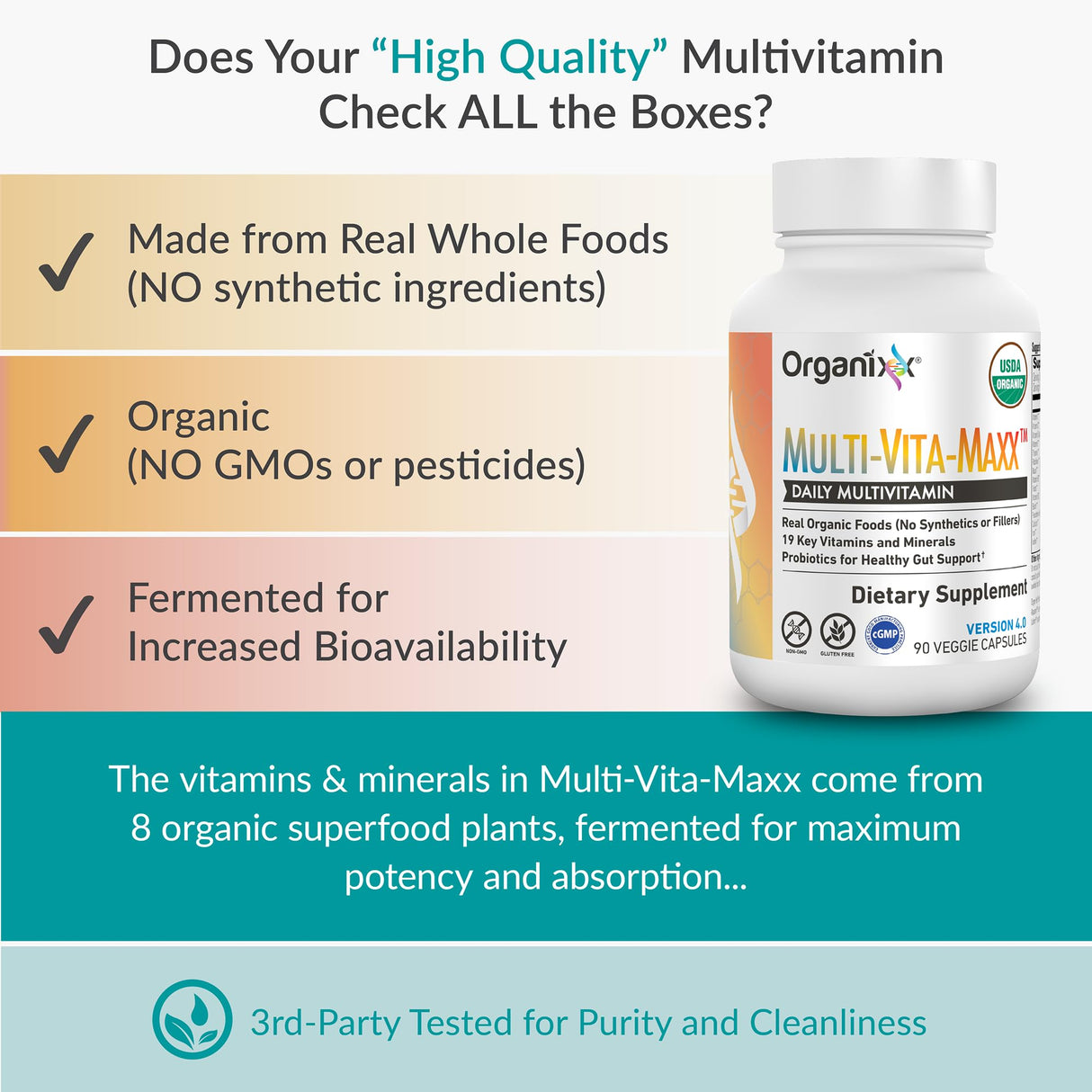 Organixx Vegan Multivitamin for Women & Men, with Vitamin C, D3, Vitamin B Complex, Probiotics, Organic Fruits and Vegetables, Supports Digestive, Gut Health, Immune Support, 90 Gel Capsules