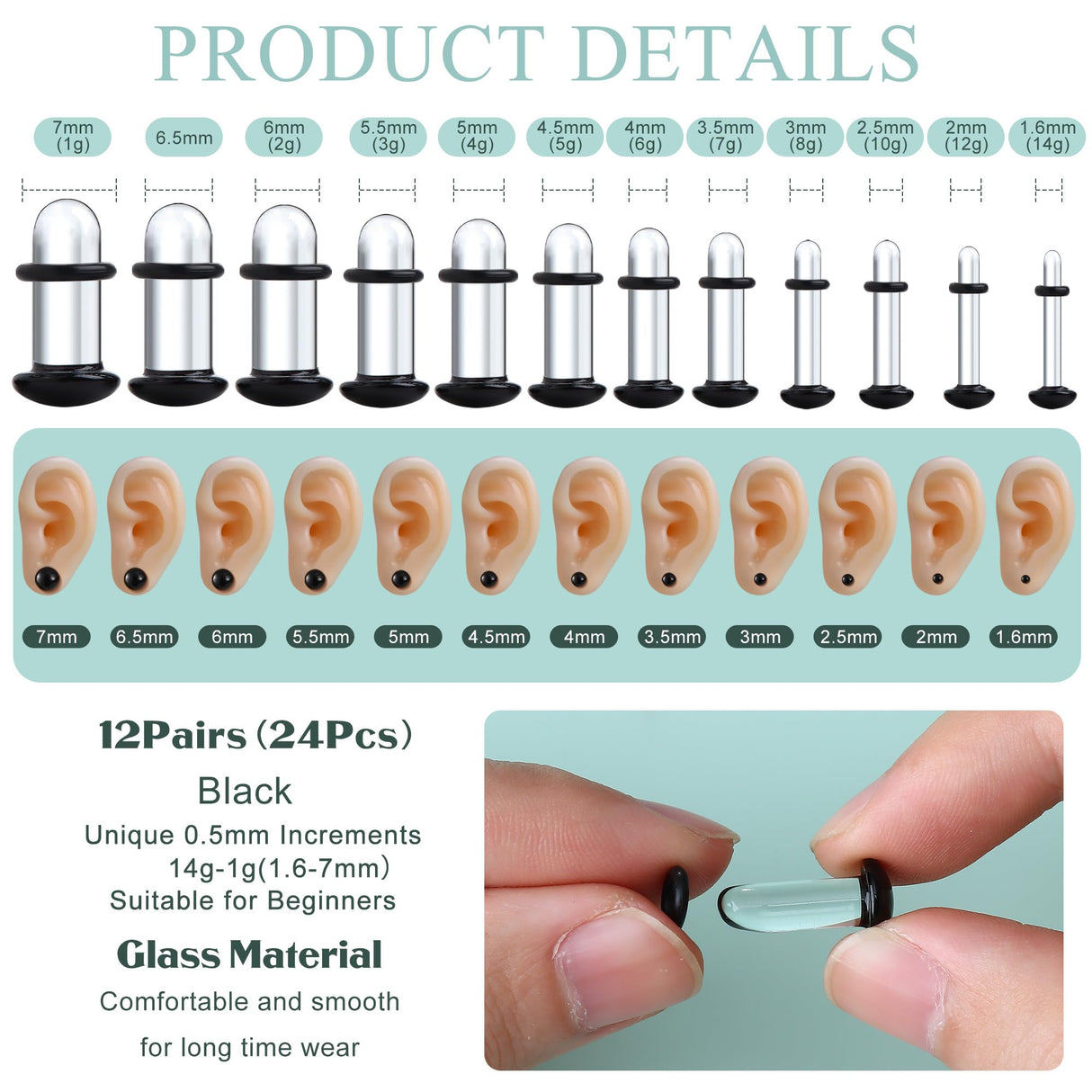 GEMQUEEN 24 PCS Glass Ear Stretching Kit Comfy Ear Gauges Tunnels Plugs Dead Stretching Kit with Rubber O-Rings Single Flare Unique 0.5mm Increments Hypoallergenic Domed Body Piercing Jewelry 14G-1G