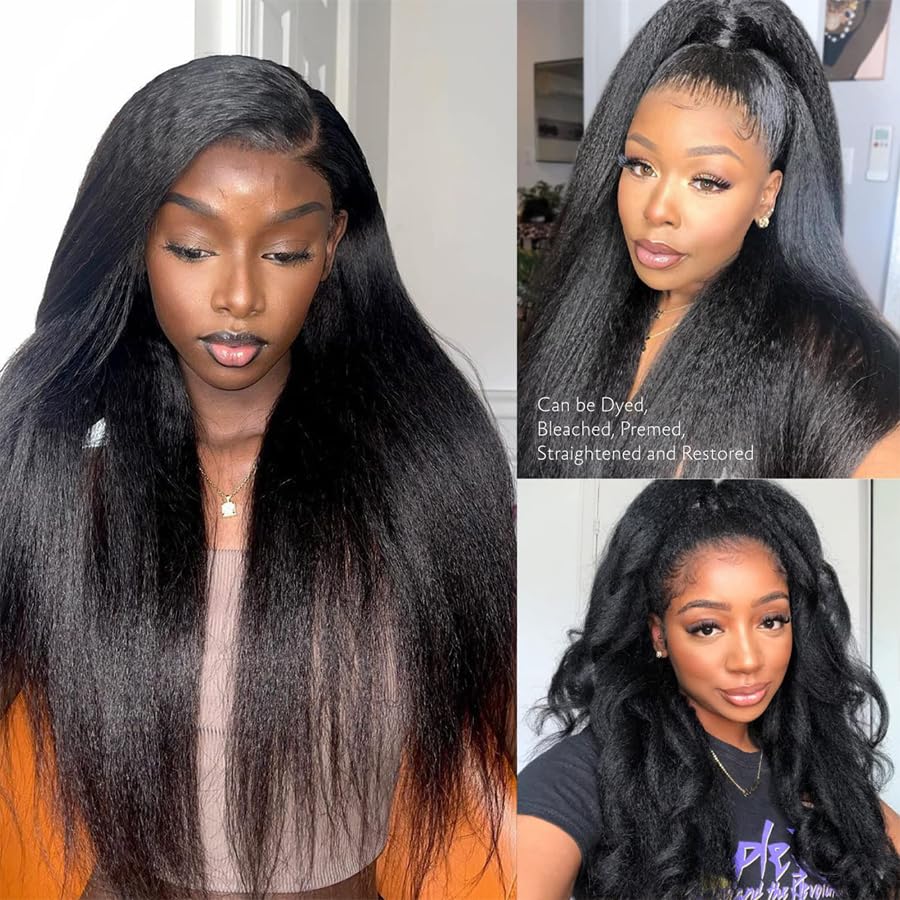 Ladoux 13x6 Lace Front Kinky Straight Wig HD Transparent Yaki Straight Frontal Closure Human Hair Wigs for Women 20Inch 180% Density Glueless Wig Pre Plucked With Baby Hair