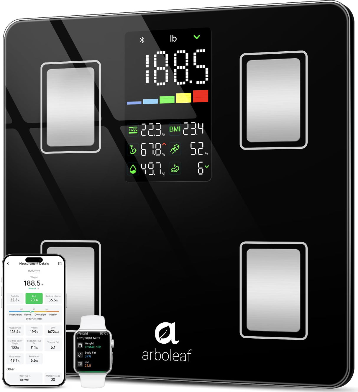 Arboleaf Smart Scale with BMI, Body Fat, Muscle Mass, Digital Bathroom Scale for Body Weight, 14 Body Composition Metrics, Large LED Display, Accurate Weighing Machine, App Sync, 400lbs, 11"