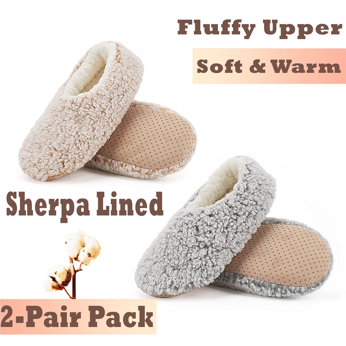 Cozylook 2-PK Soft House Loafer Slippers for Women Indoor, Furry House Shoes for Women Non-slip, Cozy Slip Ons for Elderly, Christmas Gifts, Adult Size 11-12