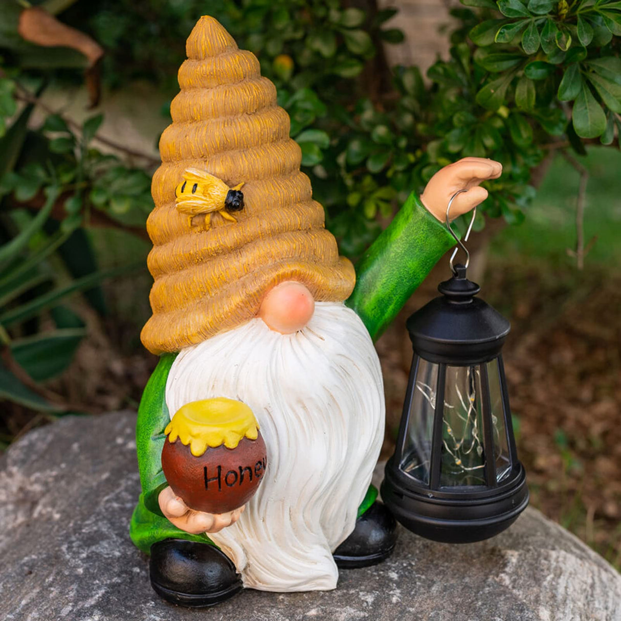 WONDHOME 12.3'' Solar Garden Gnomes Outdoor Decor Honey Bee jar Gnome Statues with LED Lantern Spring Patio Lawn Yard Art Decoration Easter Birthday Christmas Gardening Gifts for Mom Dad, Bee Gnome
