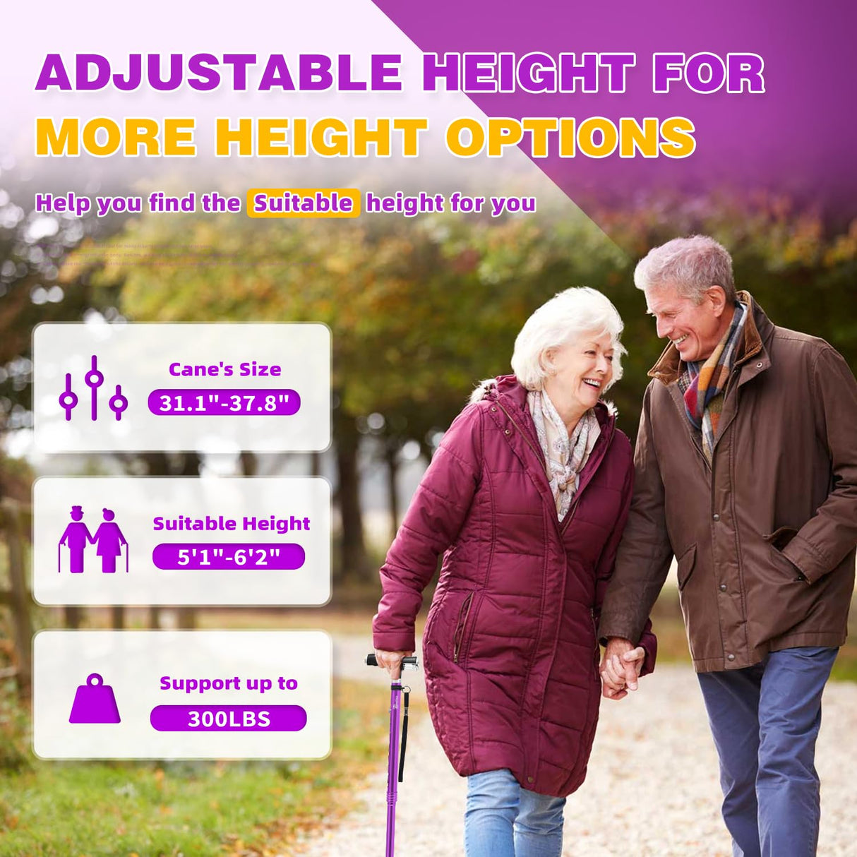 BeneCane Walking Cane for Women Folding Cane for Men with Two Led Lights Quad Cane with Stable Base Lightweight and Adjustable Walking Stick