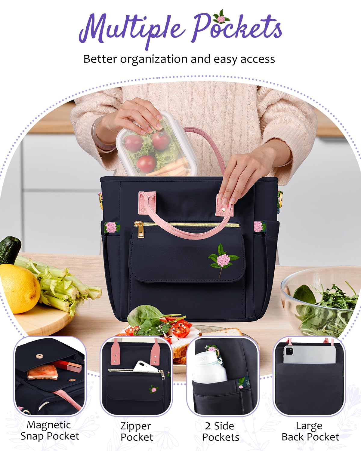 GLORIEROO Deluxe Insulated Lunch Box Bag Women - Leakproof Waterproof Cooler with Multi Pockets Removable Strap for Work Picnic - Teacher Mothers Day Christmas Birthday Gifts