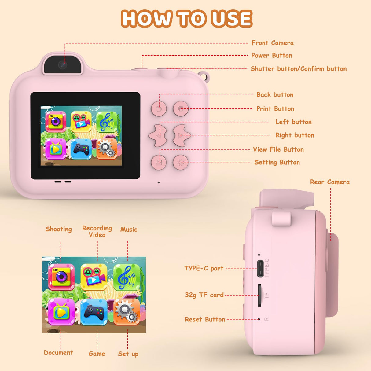 Kids Camera Instant Print, Christmas Birthday Gifts Toys for Girls Boys Age 4 5 6 7 8 9 10 11 12 Years Old,1080P HD Dual Lens Selfie Digital Camera with 5 Rolls Print Paper Stickers Pens 32G Card