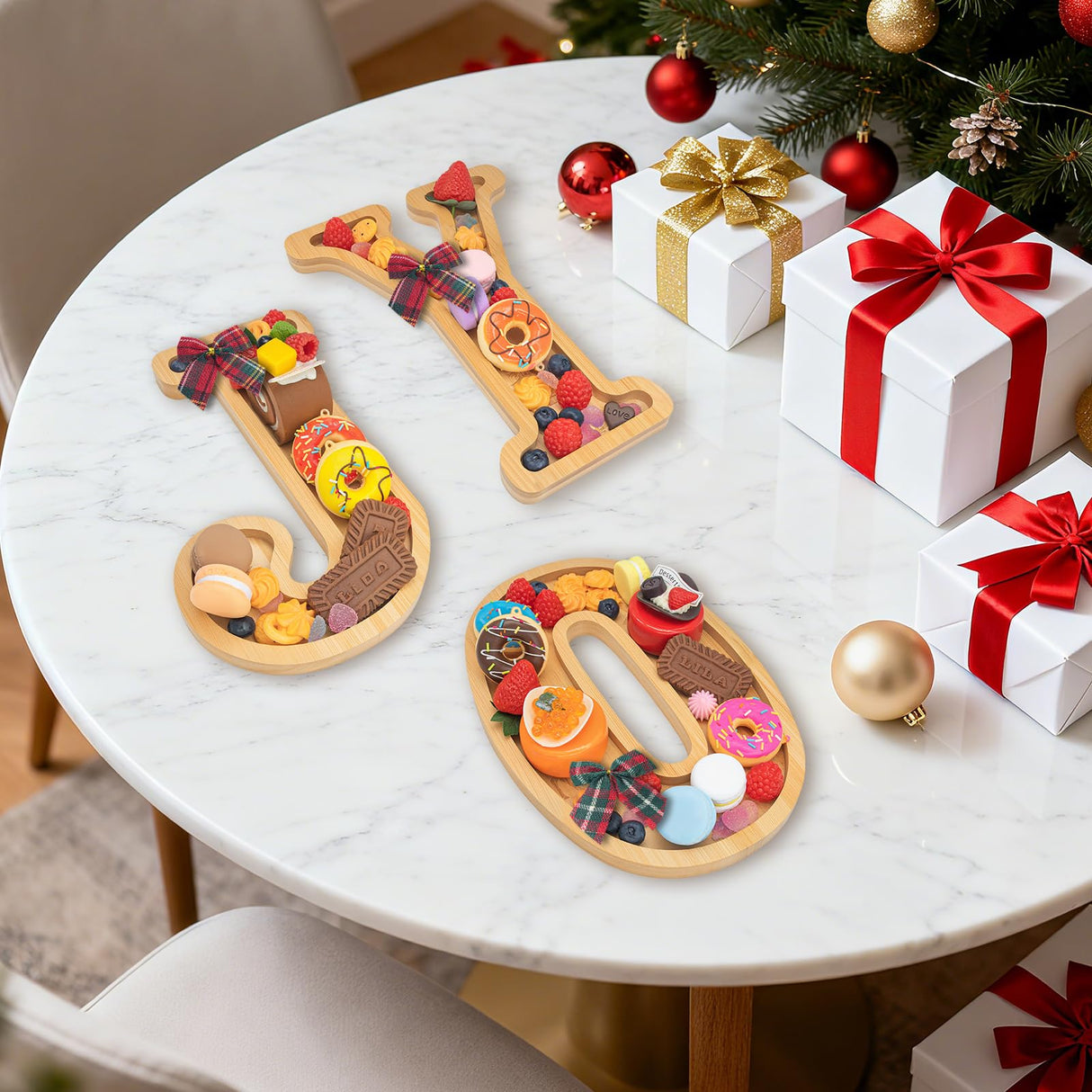 Nsoyos 3PCS Bamboo Christmas Decorations Letters Charcuterie Board Box-(with 14 Balloons and Bow) Joy Charcuterie Letters Fillable Food Christmas Party Supplies Table Decoration Food Tray Platter