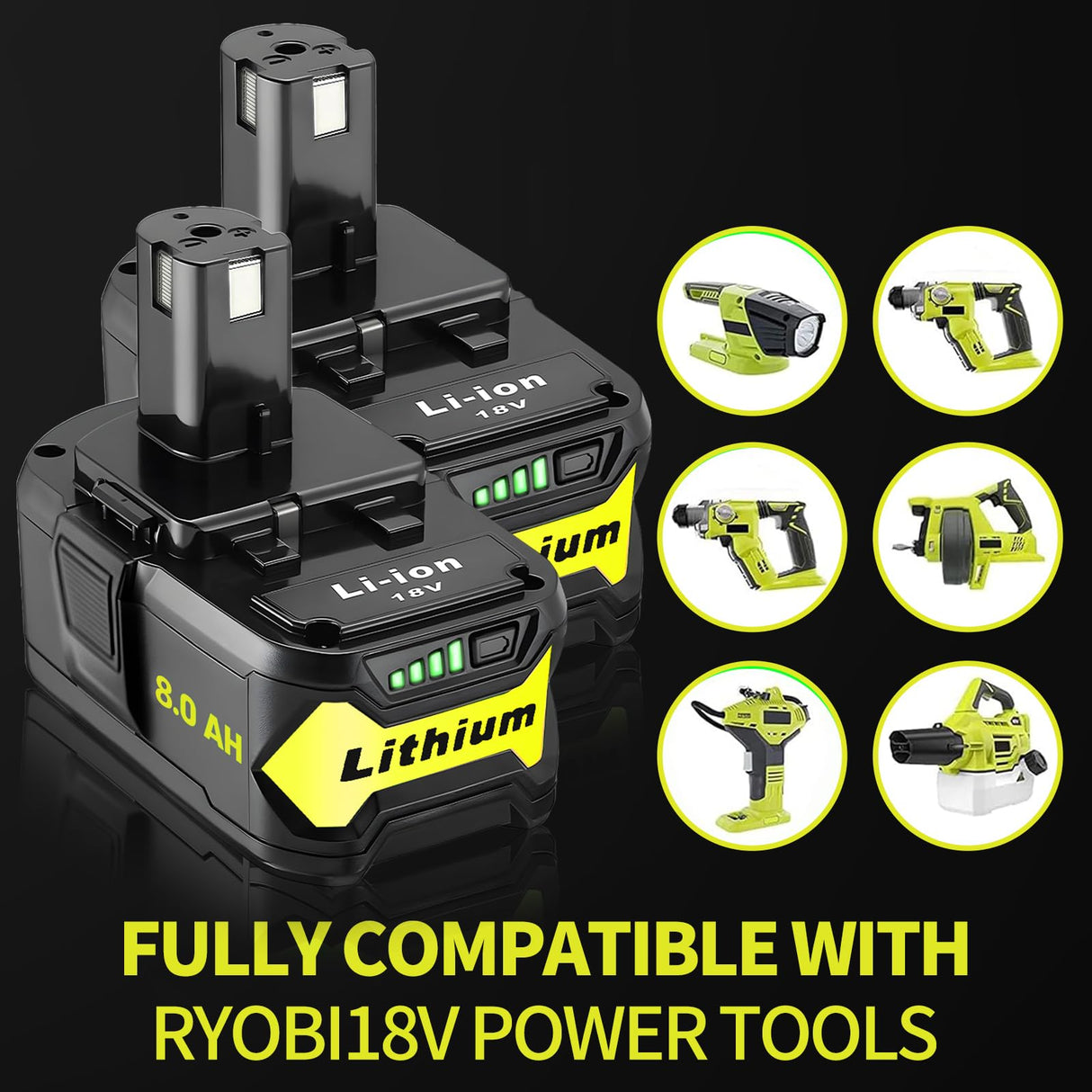 Ultraxxis 2 Packs 8.0Ah High Capacity Replacement for Ryobi 18v Battery P108 P104 P105 P102 P103 P122 P109 Li-ION Compatible with Ryobi 18V ONE+ System Cordless Power Tools and Charger