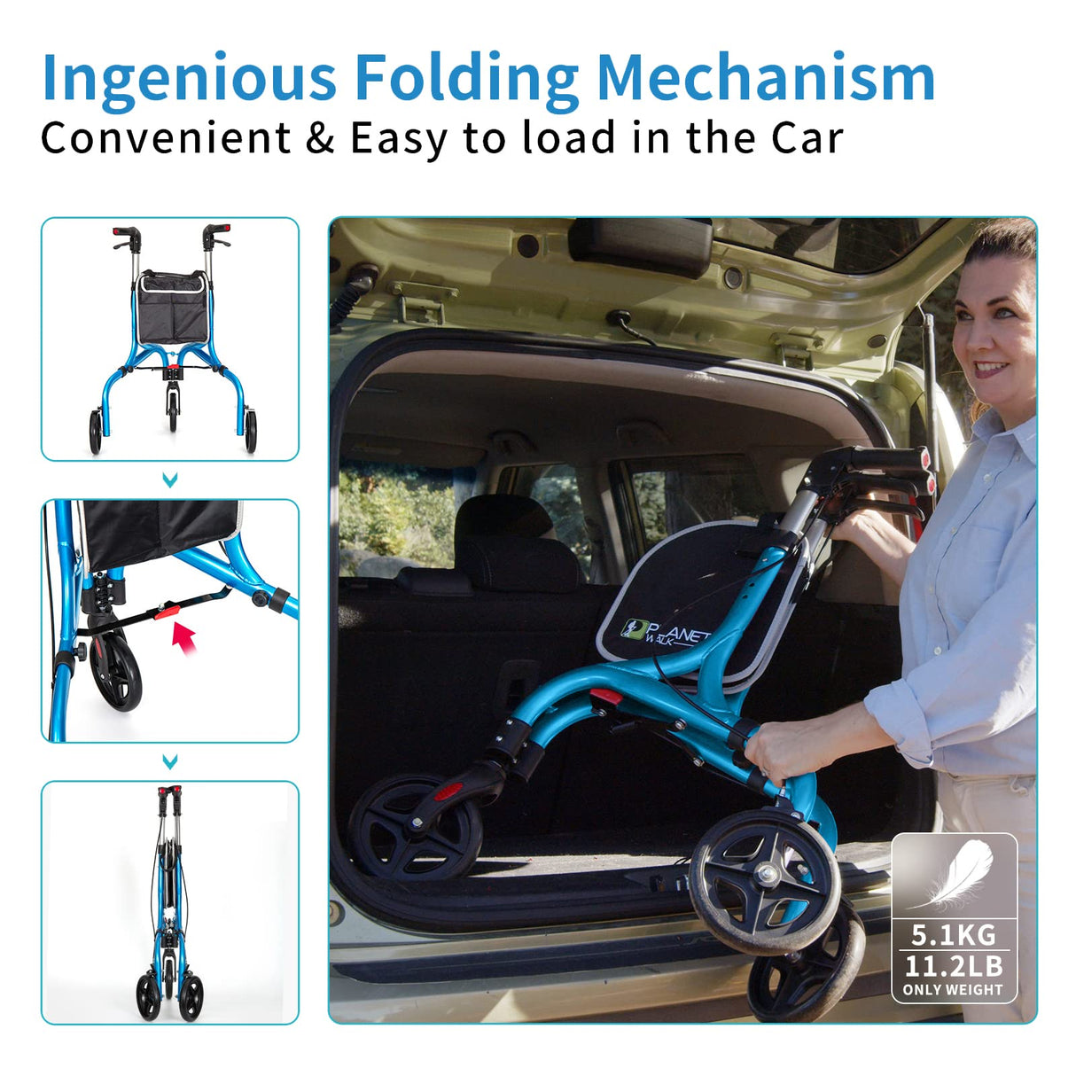 Planetwalk Premium 3 Wheel Rollator Walker for Seniors - Ultra Lightweight Foldable Walker for Elderly, Aluminum Three Wheel Mobility Aid, Brilliant Blue