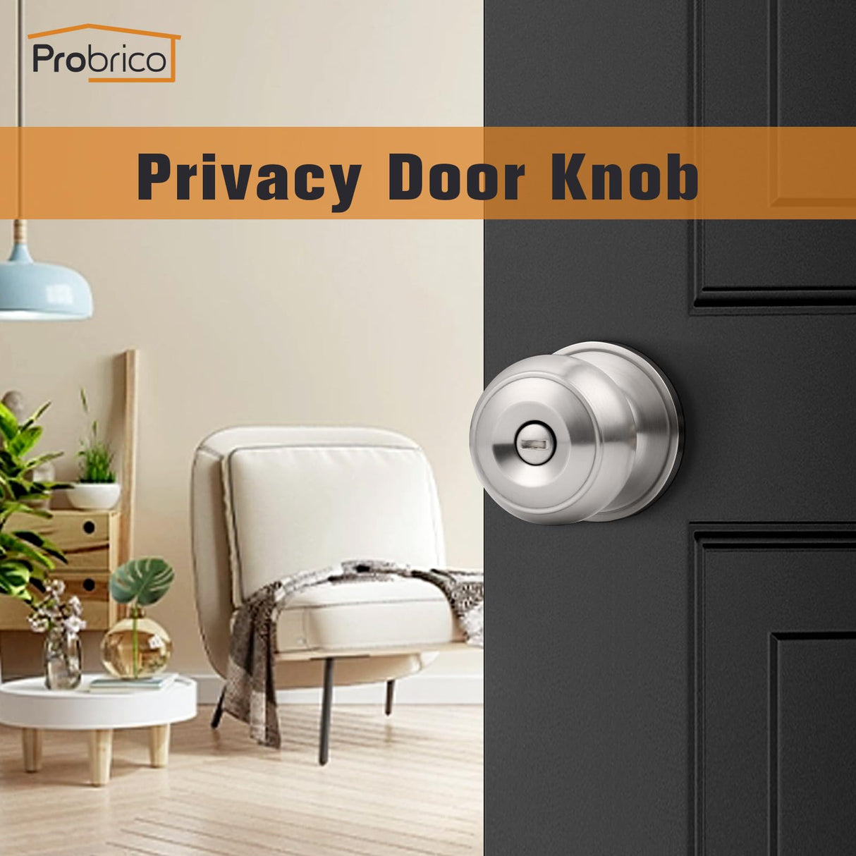 Probrico Brushed Nickel Bed/Bath Door Knobs, Satin Ball Door Knob, Interior Door Knobs for Bedroom Bathroom, Privacy Function, 10 Pack