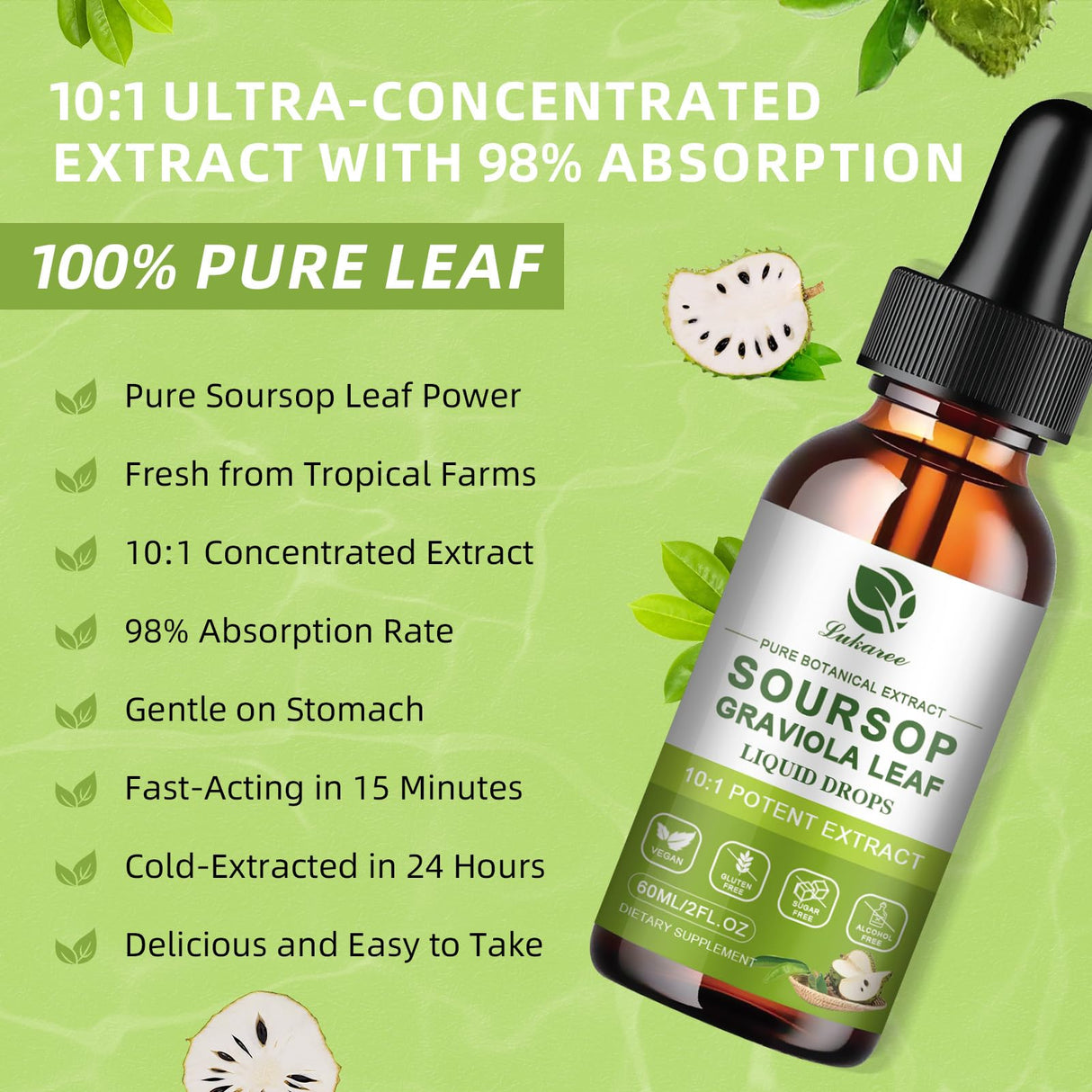Lukaree 100% Pure Soursop Leaf Extract Drops, 10X Concentrated Graviola Soursop Bitters Liquid for Immune Digestive Energy, Cold-Extracted with High Potency, Alcohol-Free, Vegan & Non-GMO (4 FL.OZ)