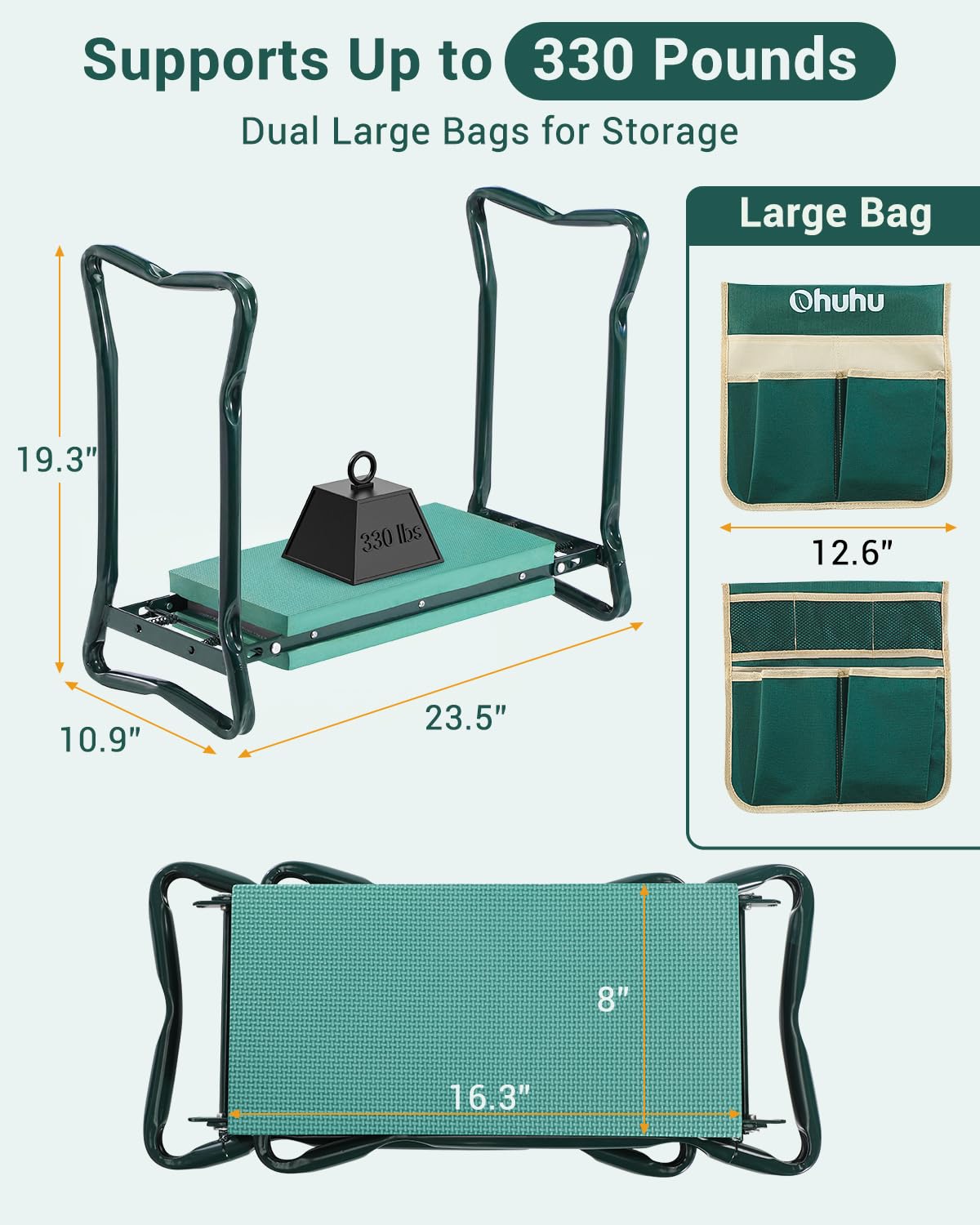 Ohuhu Garden Kneeler and Seat Heavy Duty, Upgraded Gardening Stool with Thicker Wider EVA Foam Kneeling Pad Foldable Garden Bench with 2 Large Tools Pouches, Gardening Gifts for Women Mom Men Seniors