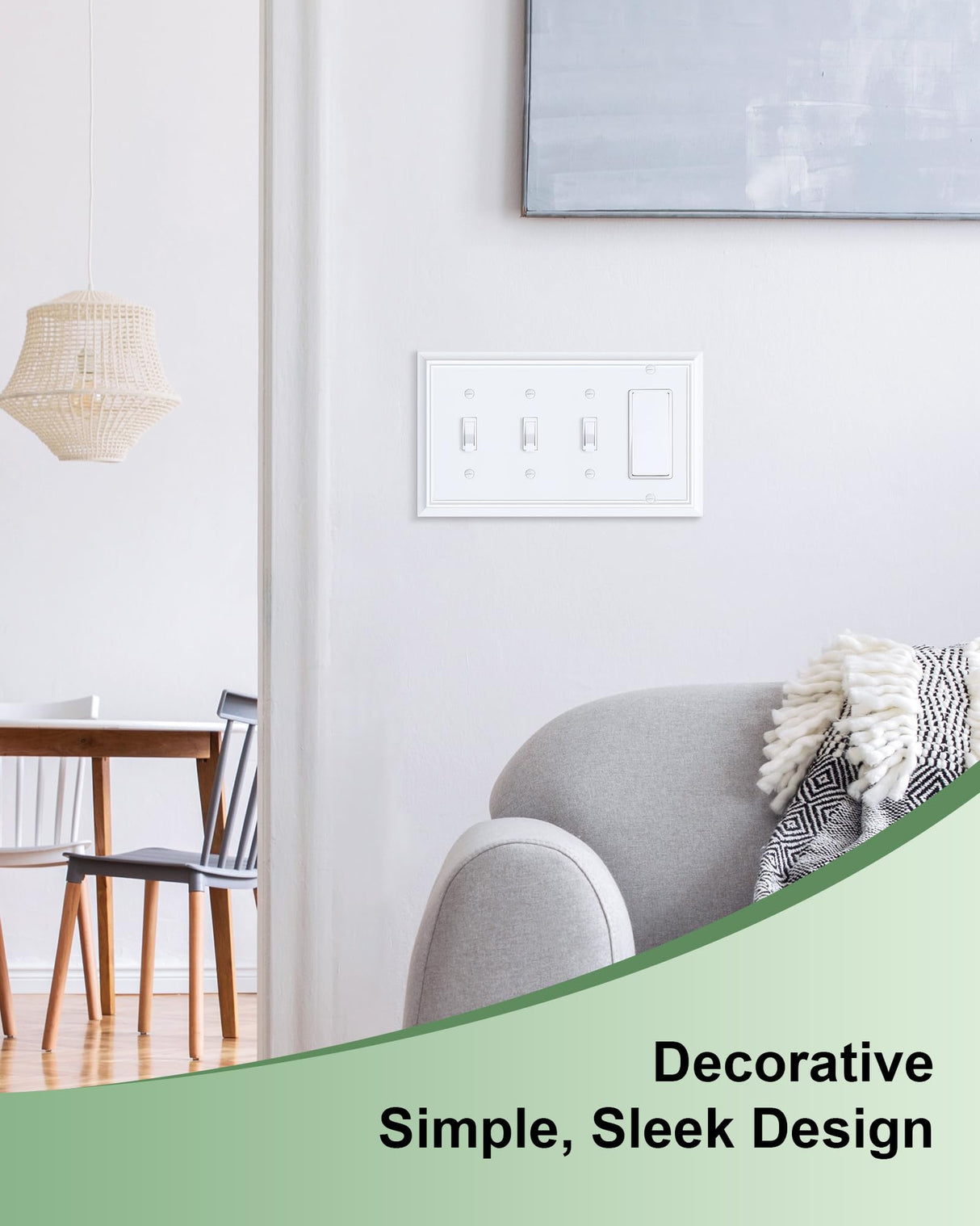 2-Pack Combo Triple Toggle/Decorator Outlet Cover Plate, Pure White Decorative Switch Plates and Outlet Covers, Durable Natural Bamboo Fiber Wall Plates for Electrical Outlet, Receptacle, GFCI Outlet