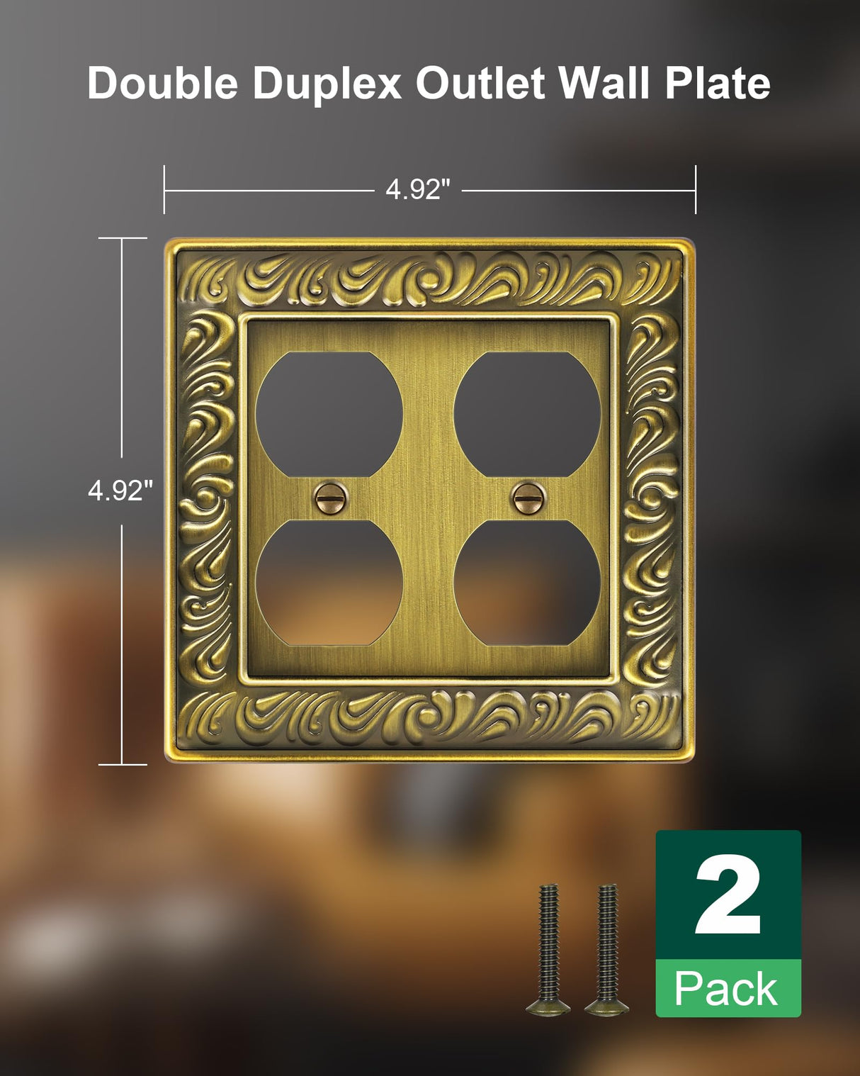 TREEWELL 2-Pack Double Duplex Outlet Cover, Antique Brass Metal Switch Plates and Outlet Covers, Paisley Pattern Decorative Wall Plates for Electrical Outlets, 2 Gang Receptacle Cover