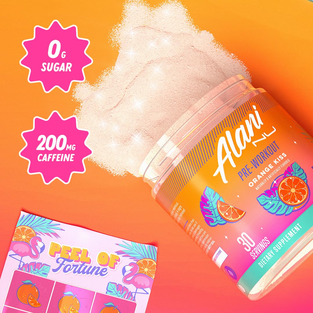 Alani Nu Pre Workout Powder Orange KISS, Amino Energy Boost, Endurance Supplement, Sugar Free, 200mg Caffeine, L-Theanine, Beta-Alanine, Citrulline, 30 Servings