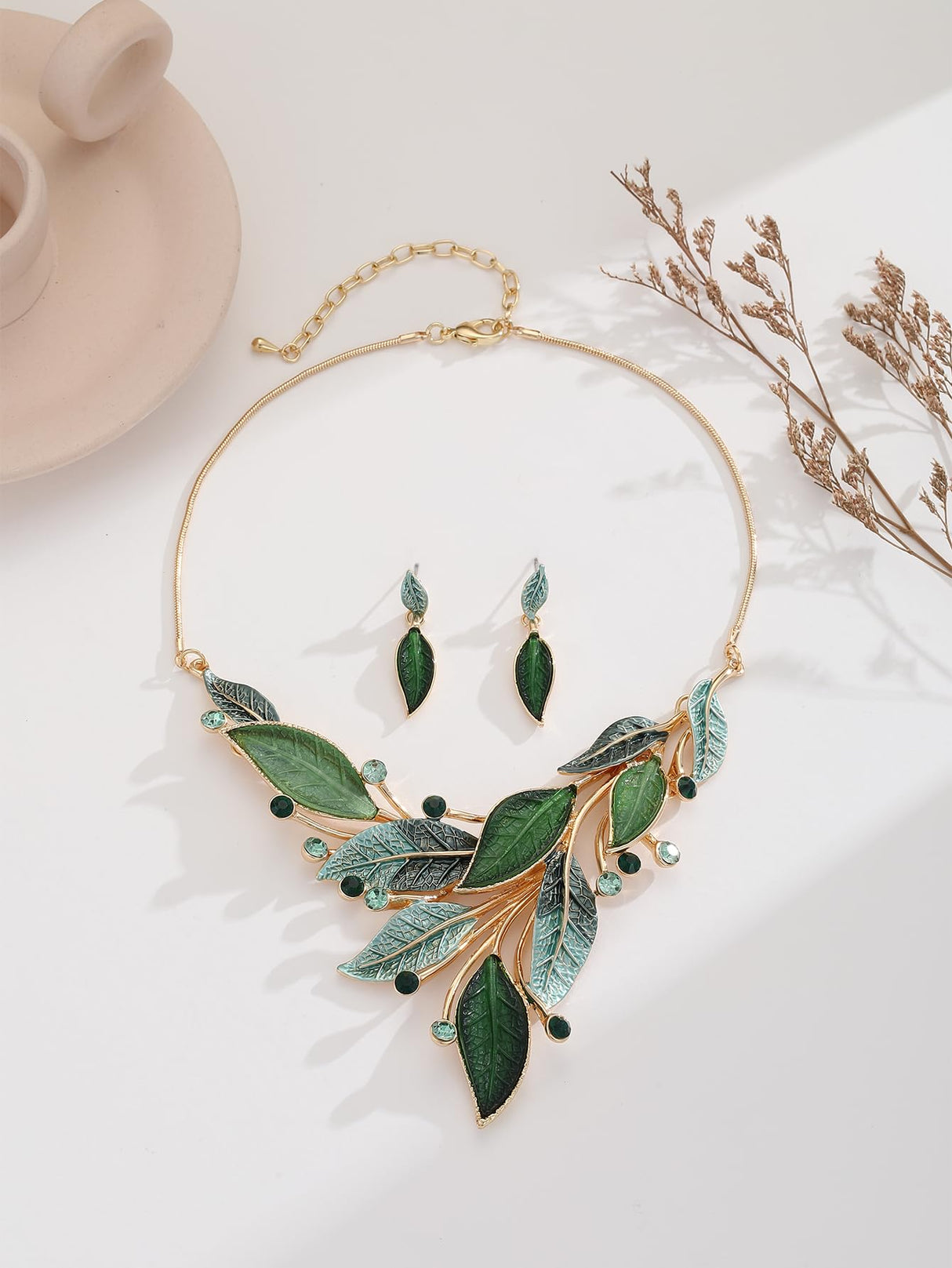 Mycitta Vintage Chunky Statement Jewelry Set 14k Gold Plated Retro Spring Green Leaf Floral Bohemian Boho Bib Necklace Earring Set Fashion Jewelry for Women Wedding Party Prom Unique Gift