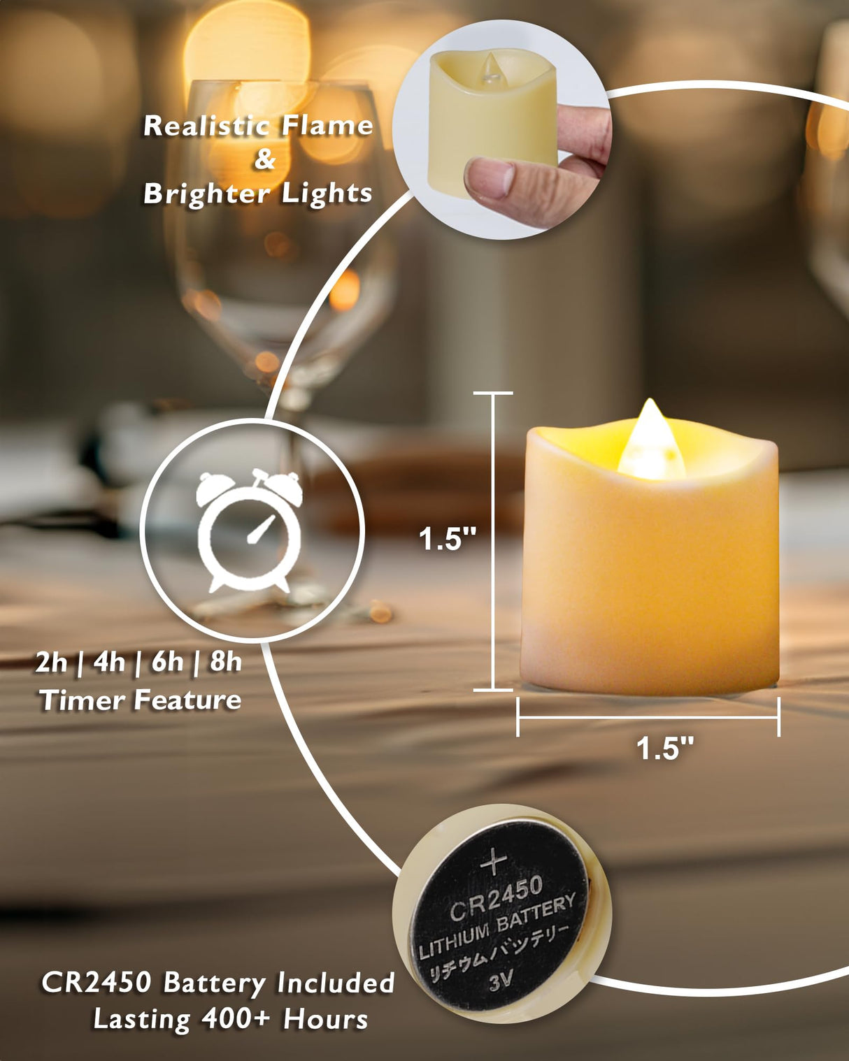 Homemory 24Pack 400+ Hour Timer Remote Control Flameless Votive Candles, Battery Operated LED Tea Lights in Warm White for Outdoor, Table, Halloween, Christmas-Ivory Base