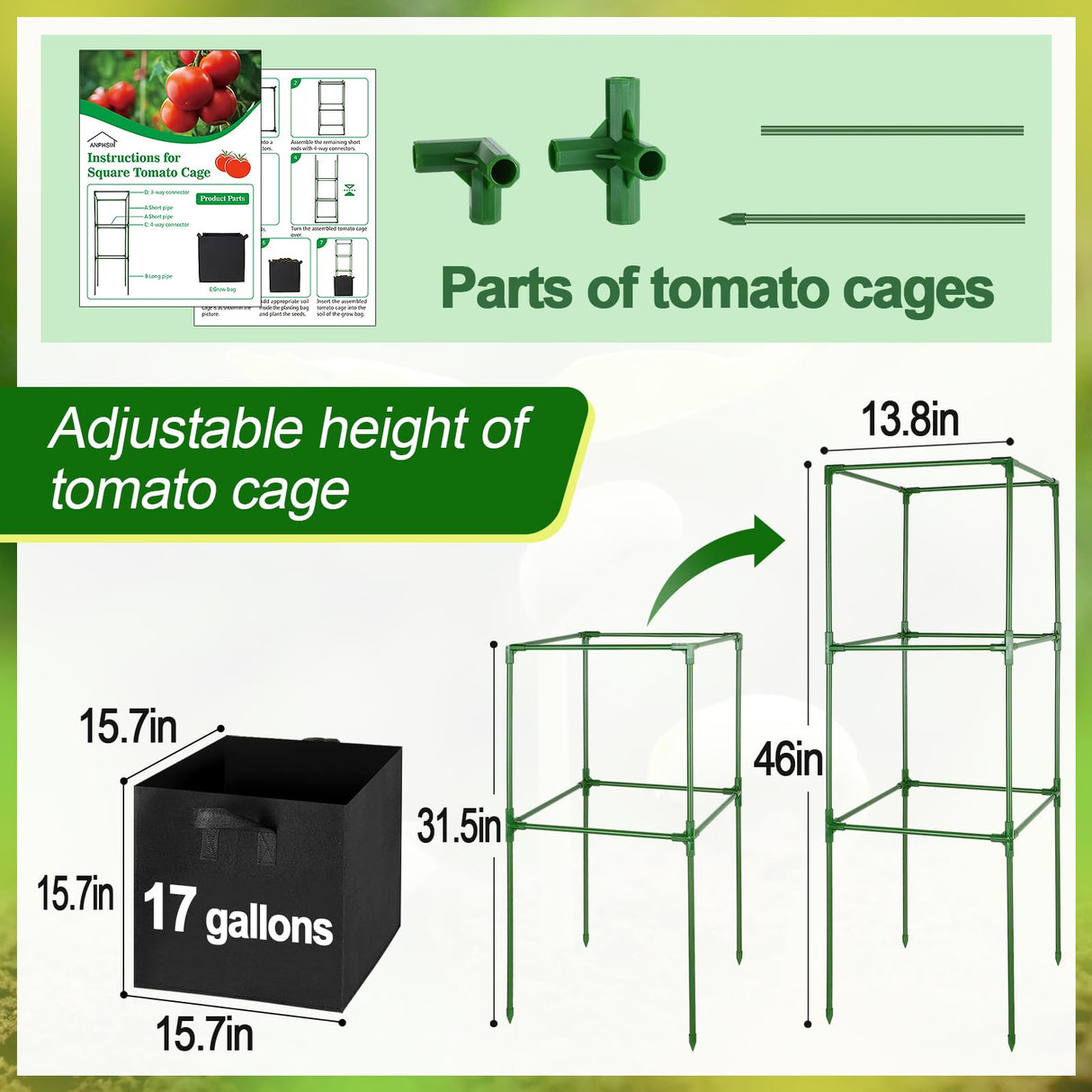 ANPHSIN Sturdy Square Tomato Cage with Movable 17 Gal Grow Bags, 3 Sets
