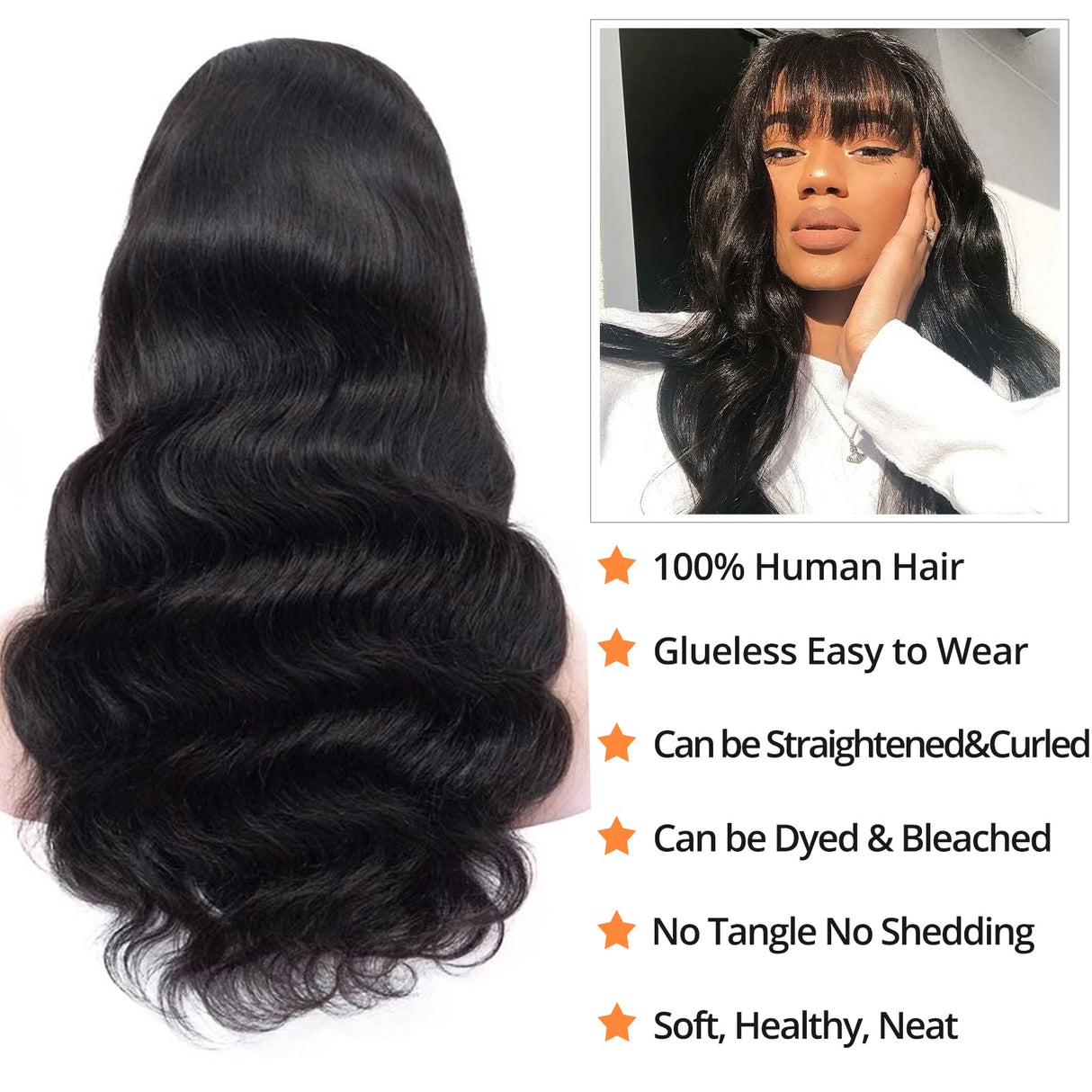 Human Hair Wigs with Bangs Body Wave Bang Wigs for Black Women Human Hair 150% Density Brazilian Glueless None Lace Front Wig Human Hair Natural Color(16 Inch, Body Wave)