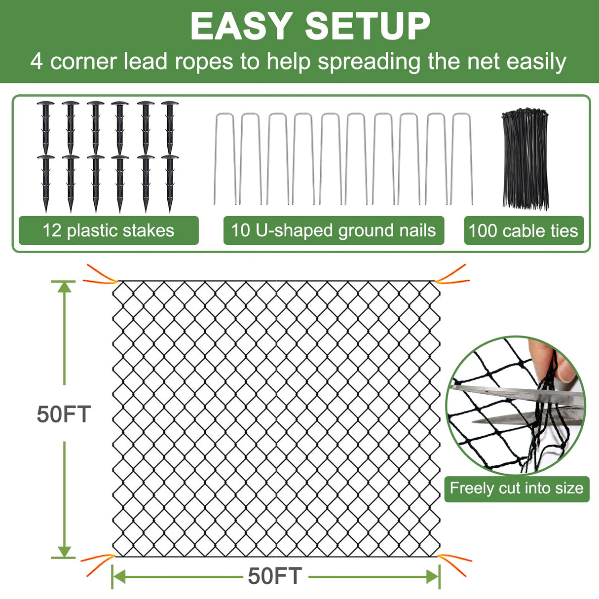 DQS Bird Netting 50' x 50', 2.4" Square Mesh Garden Netting, Poultry Net