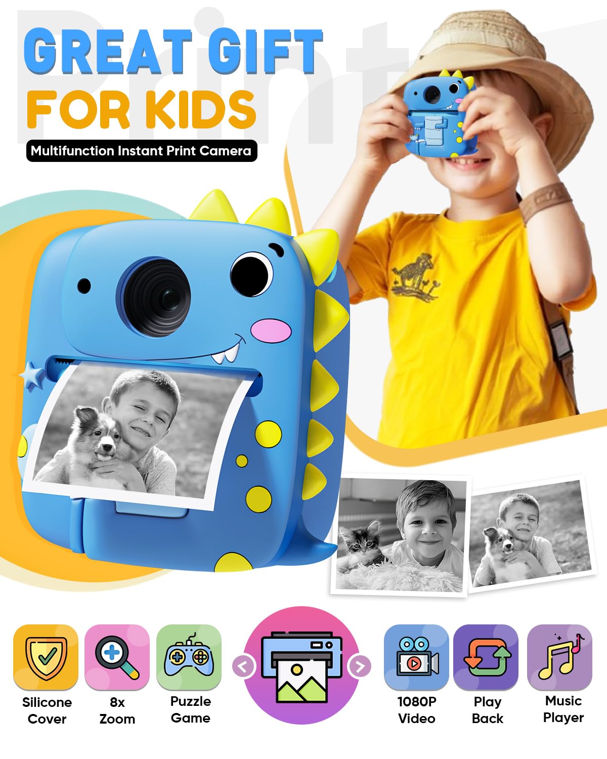 Prysyedawn Kids Camera Instant Print, Christmas Birthday Gifts for Kids Age 3-8, 1080P Digital Camera with Silicone Cover, Toddler Portable Travel Toys for 3 4 5 6 7 8 Year Old Girls Boys-Blue