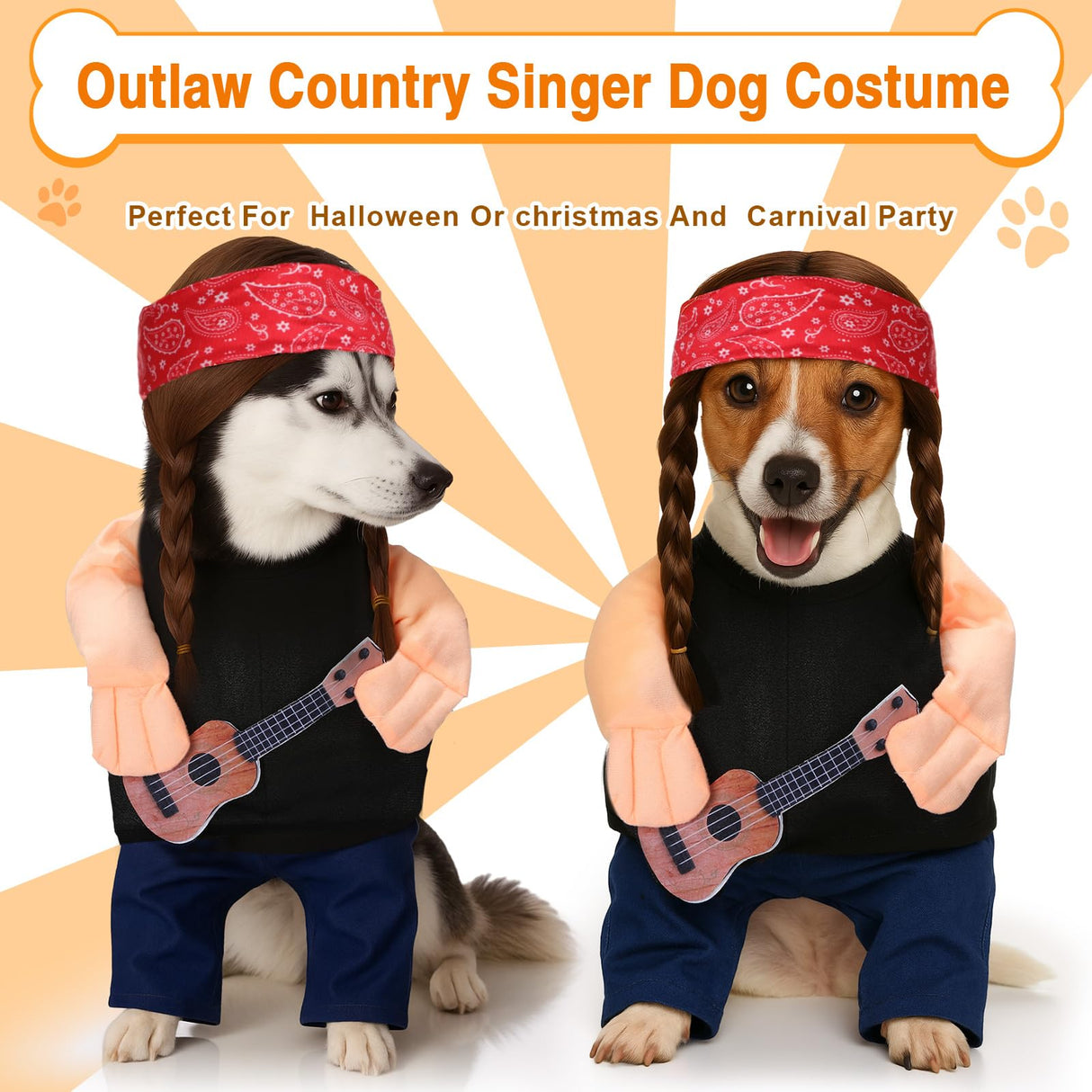 Huhumy Halloween Country Singer Dog Costume Pet Guitar Costume with Felt Funny Guitar Plush Arm Ponytail Wig for Small Medium Dogs Chihuahua Pug Christmas Party Halloween Cosplay Outfit(XL)