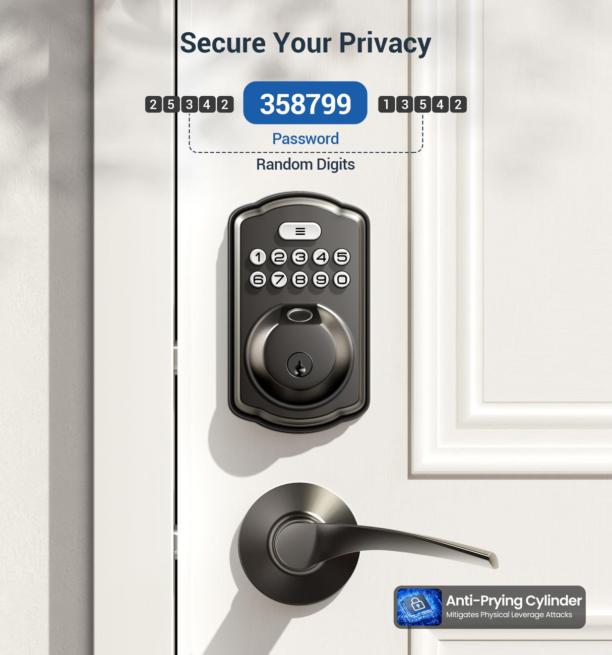 Veise Fingerprint Door Lock with 2 Lever Handles - Keyless Entry Door Lock, Electronic Keypad Deadbolt, Digital Smart Code & Front Handle Sets, Auto-Locking, Easy Installation, Matte Black