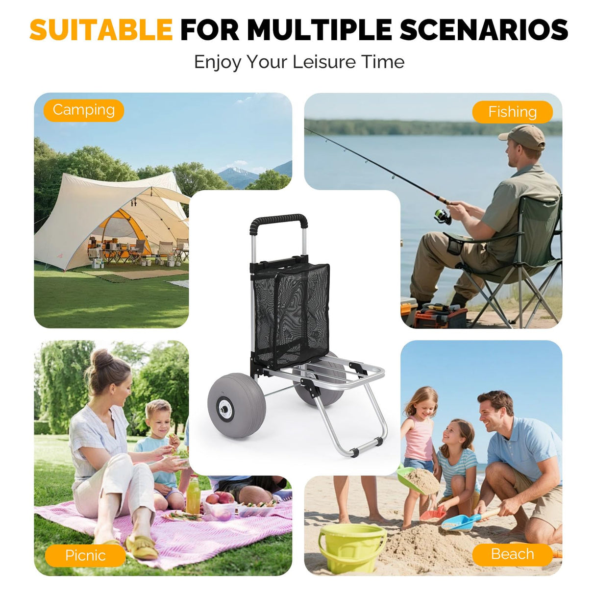 Bonnlo Adjustable Beach Wagon for Sand with 11" All Terrain Wheels