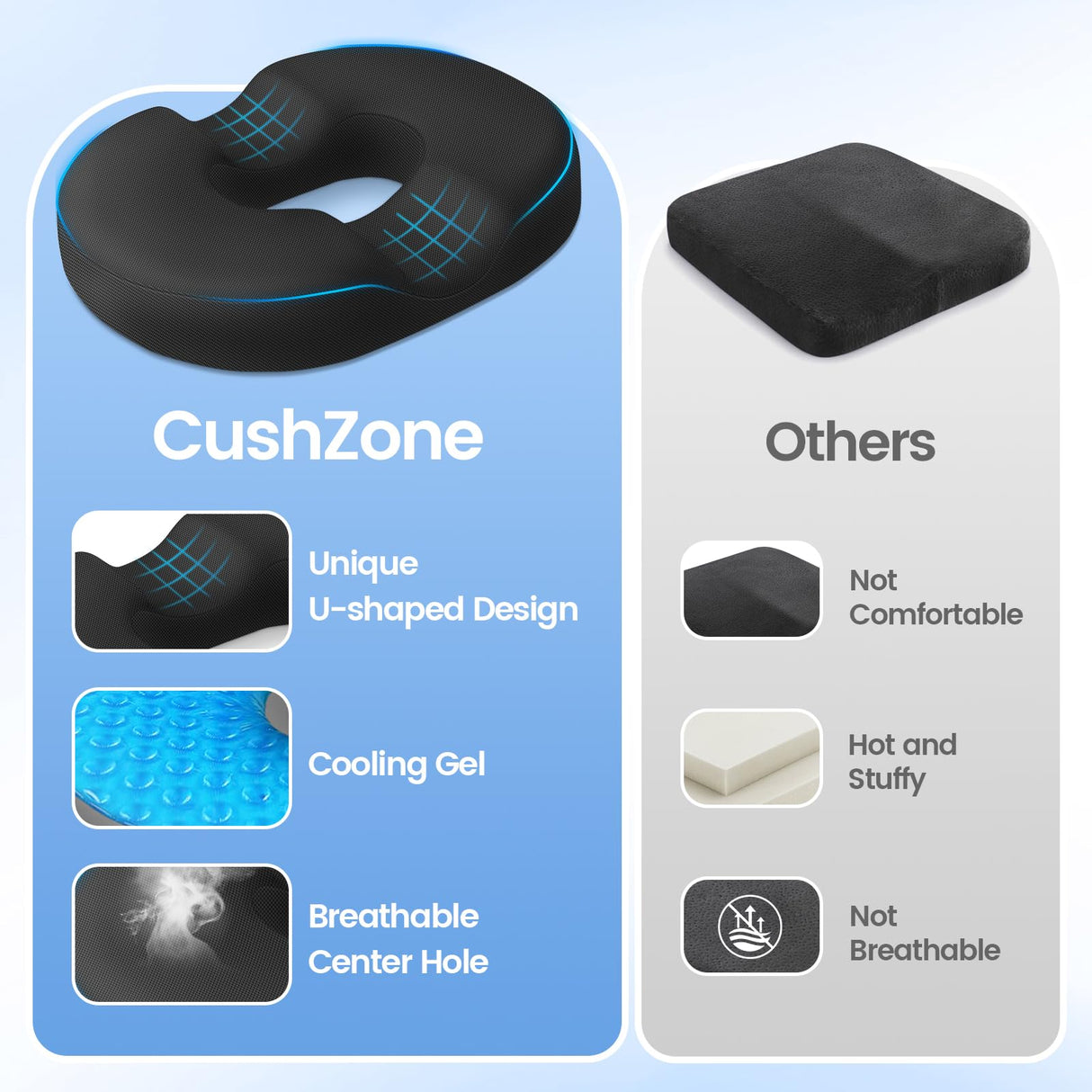 CushZone Donut Pillow Seat Cushion - Memory Foam Cooling Gel Lifting Cushion for Office & Home Chair, Car Seat, Wheelchair, Hemorrhoids Pillow, Sciatica & Tailbone Pain Relief Chair Cushion, Black