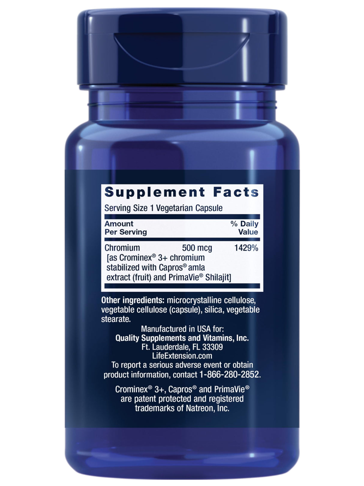 Life Extension Optimized Chromium with Crominex 3+ 500 mcg, Metabolism Health, Healthy Balance, Vegetarian, Gluten Free, Non-GMO, 500 mcg, 60 Vegetarian Capsules