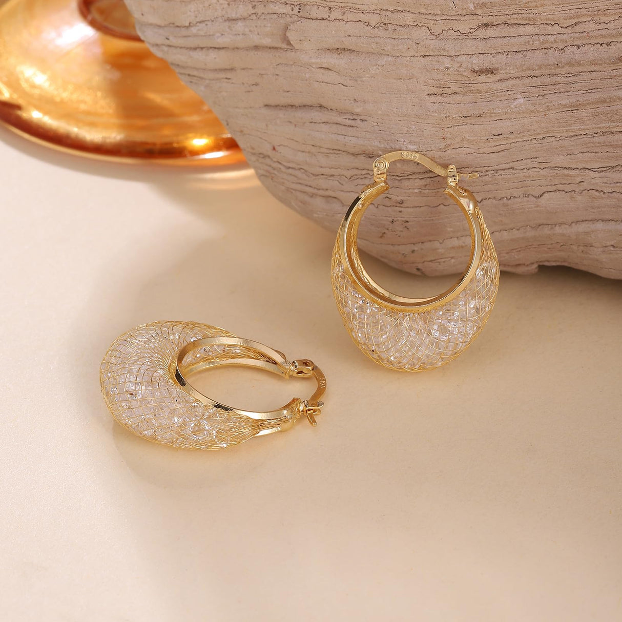 SayovatBek 14K Gold Plated 23–25mm Lightweight Mesh Hoop Earrings for Women, Cubic Zirconia, 925 Sterling Silver Post, Hypoallergenic