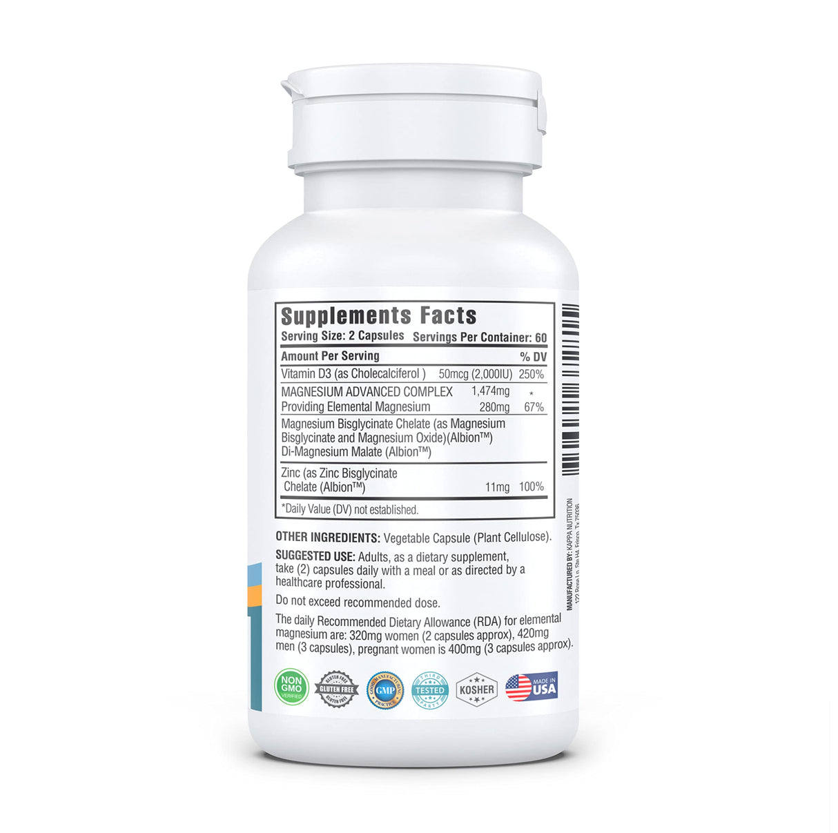Kappa Nutrition Magnesium 4-in-1, 280mg Elemental Magnesium (Bisglycinate, Malate) + Zinc & Vitamin D3, Brain, Sleep, Energy, Muscle, Immune Support, 120 Vegan Capsules.