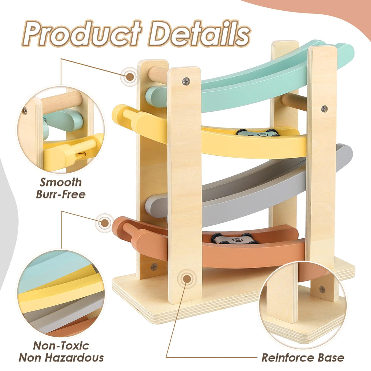 Joyreal Montessori Toys for 1 2 Year Old Boys and Girls - Soft Color Wooden Car Ramp Race Track Set with 4 Mini Cars & Garage - Christmas Birthday Gifts for Toddlers 1-3 Year Old