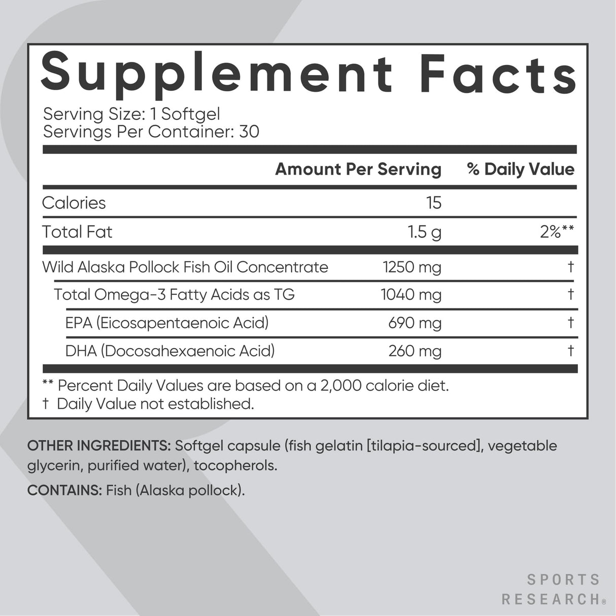 Sports Research Triple Strength Omega 3 Fish Oil Supplement - EPA & DHA Fatty Acids from Wild Alaskan Pollock - Heart, Brain & Immune Support for Adults, Men & Women - 1250 mg Capsules (30 ct)