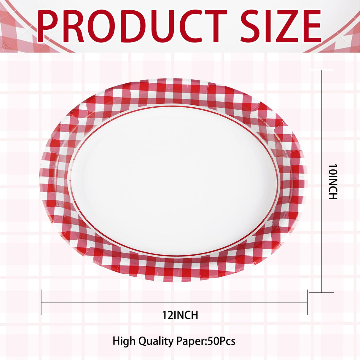 50Pcs Gingham Oval Paper Plates 10" x 12" Large Disposable Heavy Duty Christmas Red and White Buffalo Checked Plaid Paper Dessert Platter Plate for Wedding Holiday Winter Xmas Birthday Party Supplies