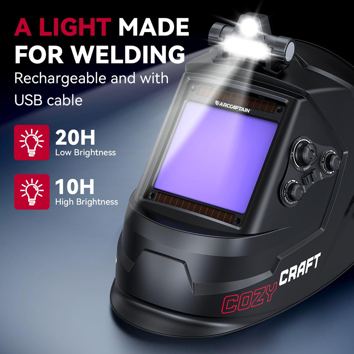 ARCCAPTAIN Large View 3.94" x 3.66" True Color Auto Darkening Welding Helmet with Light, Solar Powered Welding Hood, 4 Arc Sensor Wide Shade 4/5-9/9-13 for Stick MIG TIG Cut