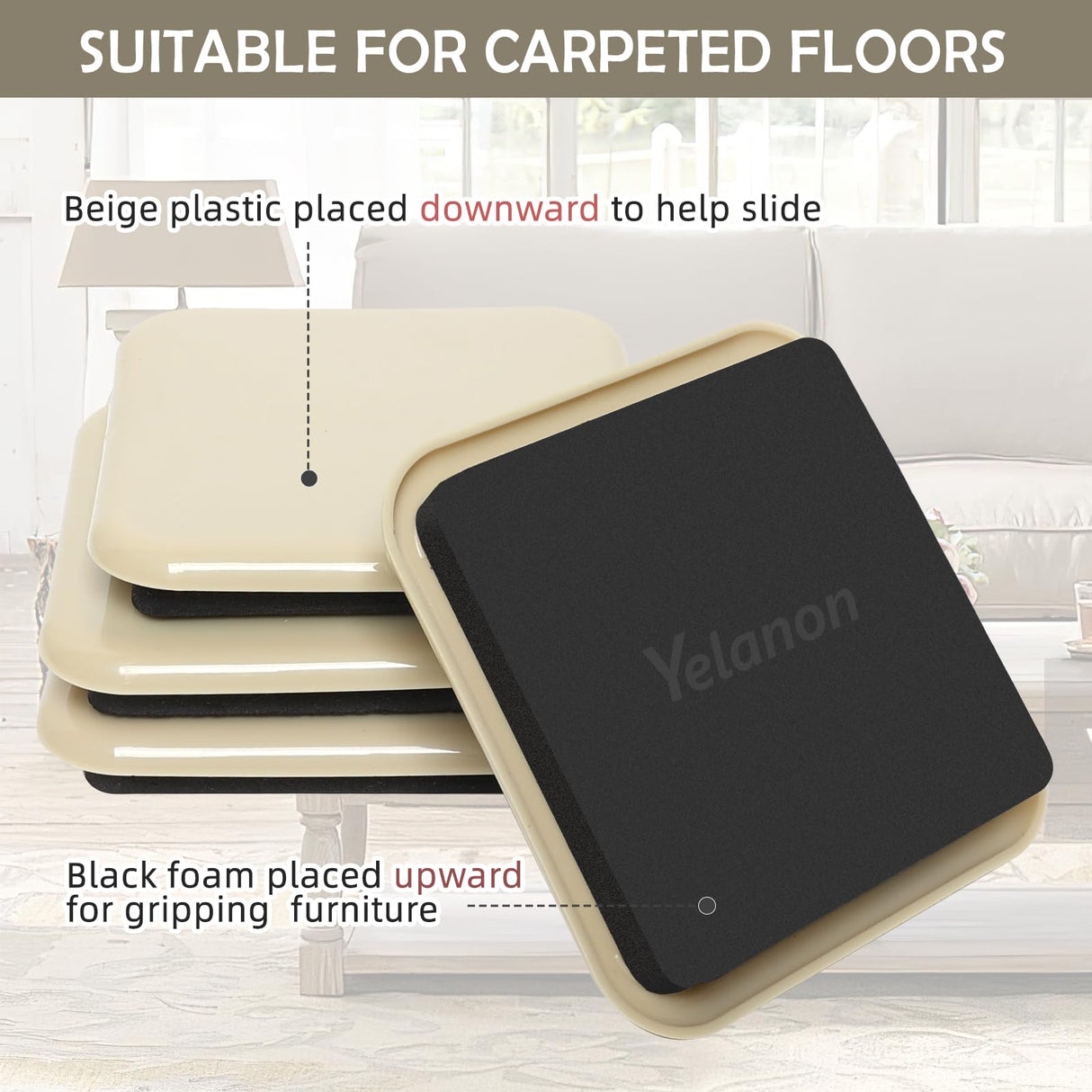 Yelanon Furniture Sliders, 20 pcs-3 1/2” Square Beige Furniture Sliders for Carpet, Furniture Pads for Hardwoods Floors,Furniture Movers Sliders, Reusable Moving Pads, Floor Protectors for Carpet