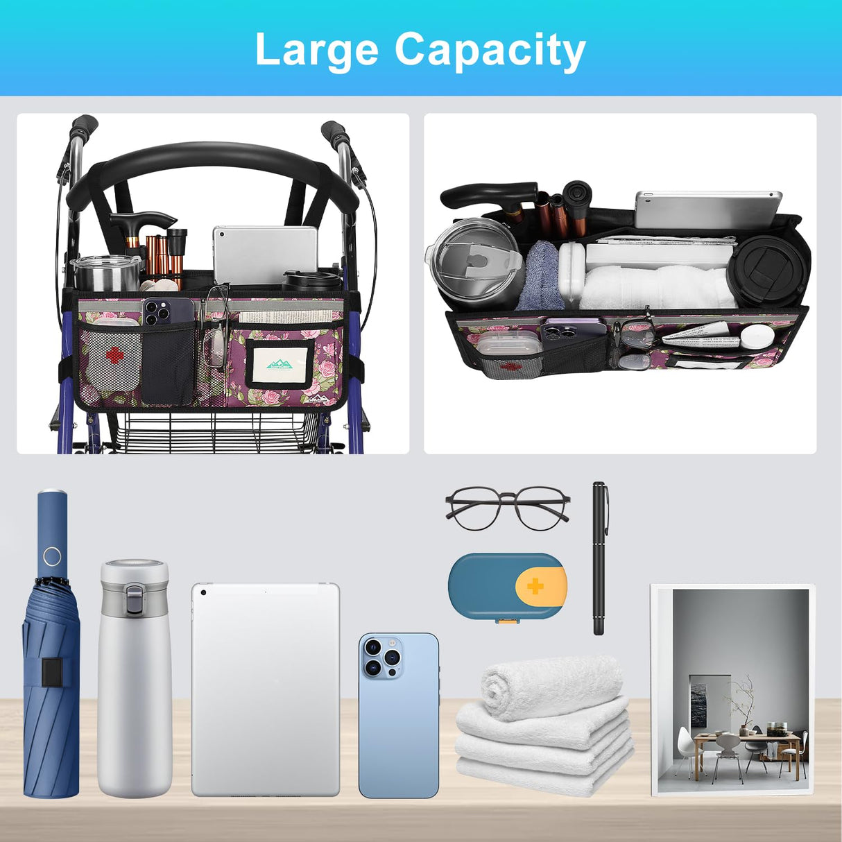 Rollator Basket, supregear Rollator Walker Bag w/Cup Holder, Foldable Rolling Walker Waterproof Storage Pouch with Big Capacity & Never Tipping Over, Easy to Use Rollator Accessories for Seniors