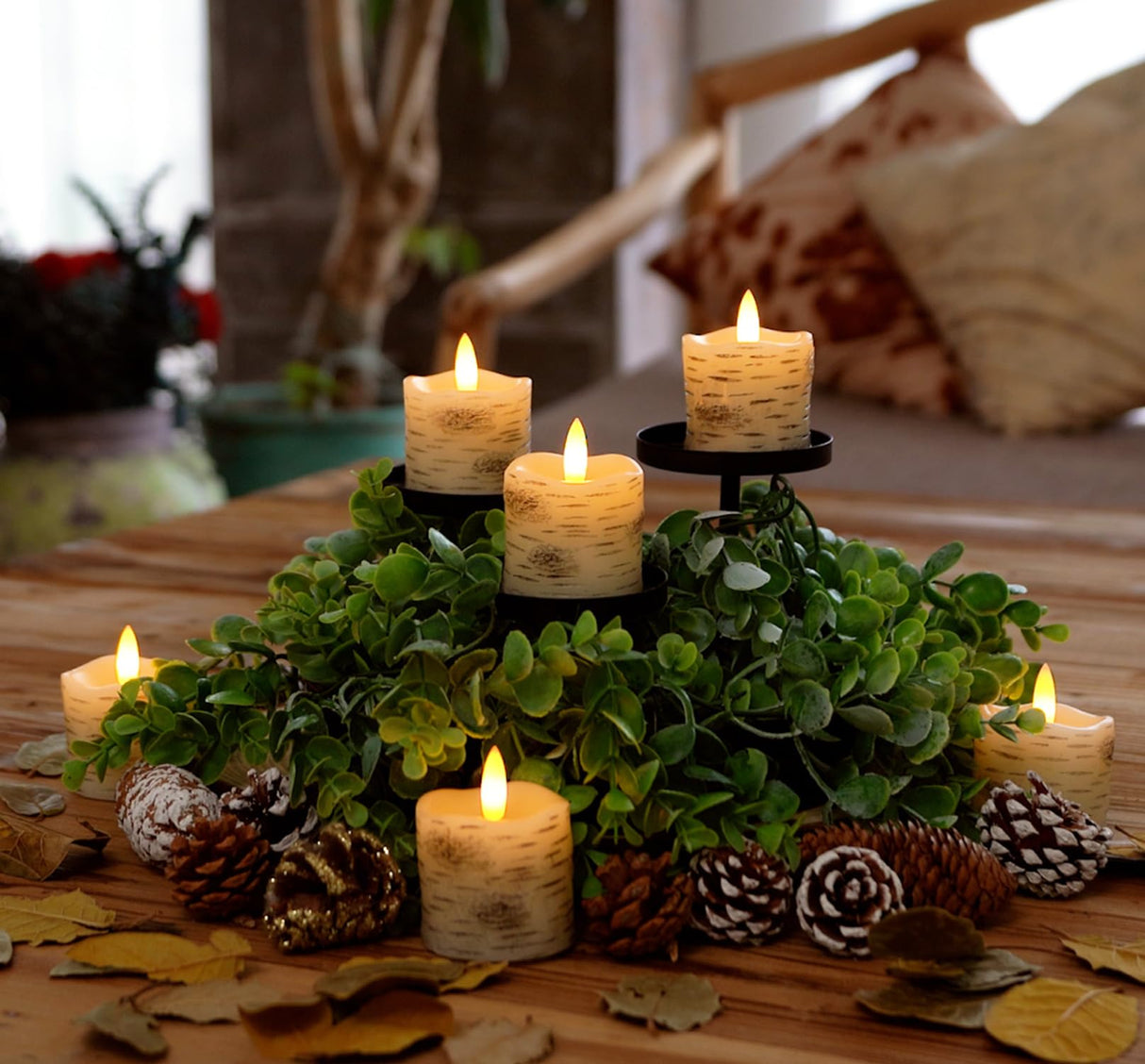 Homemory Flameless Votive Candles with Remote, 2" x 2" Birch Bark Real Wax, 400+Hour Realistic Black Wick Battery Operated Fake Candles, 6 Pack for Wedding, Party and Holiday Decoration