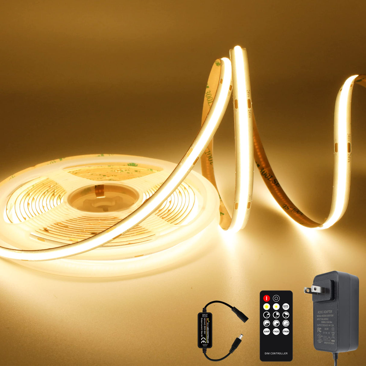 AXMOTUT COB LED Strip Light Warm White, High Bright LED Strips with 2400LEDs, RF Remote and UL Power Supply, 3000K Dimmable LED Lights for Bedroom, Kitchen, DIY Home Decoration