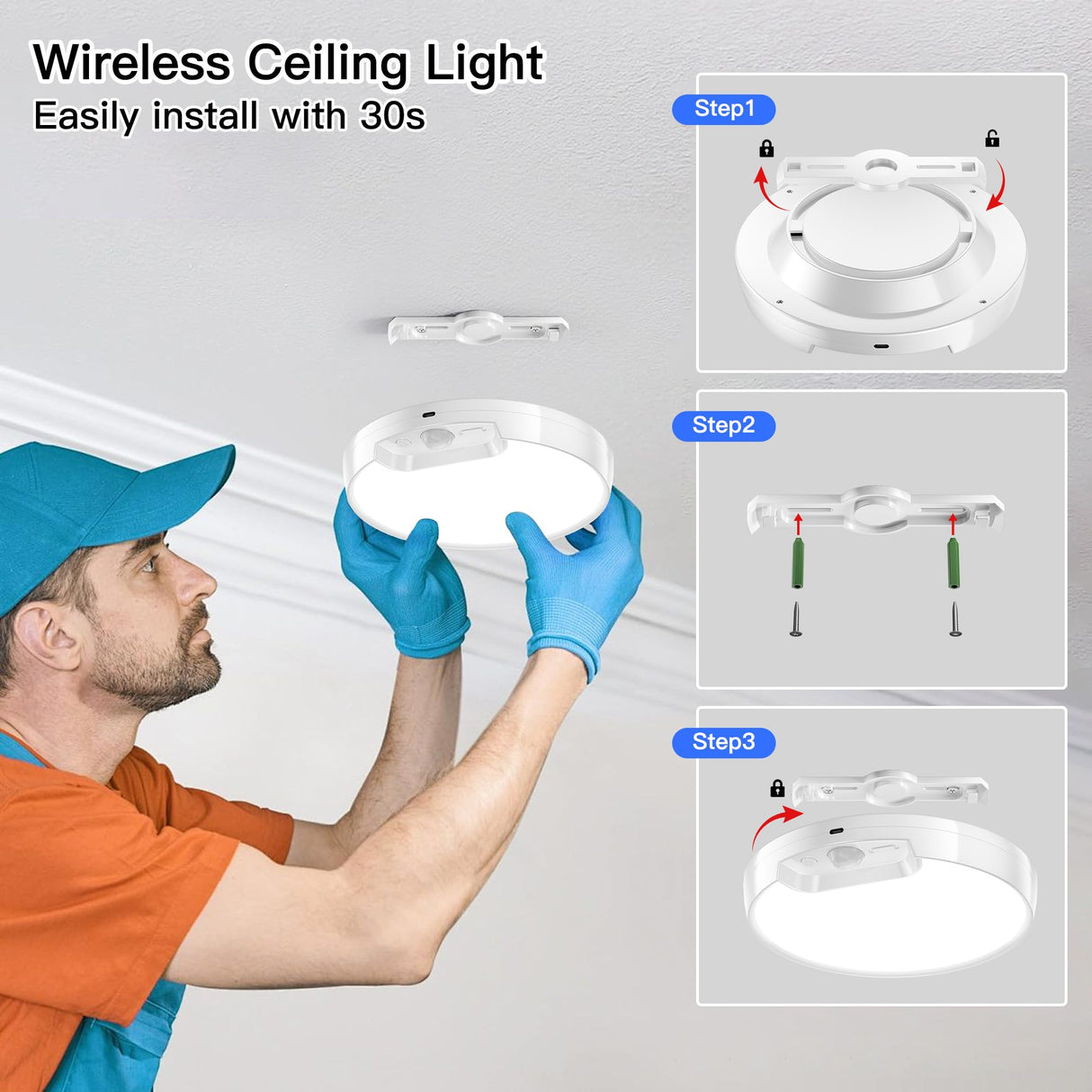 Homelist Newly Upgraded 8000mAh Rechargeable Ceiling Light, Battery-Operated Wireless Motion Sensor Ceiling Light with Remote for Shower, Bathroom, Closet, Stairs, Hallway, Porch (6000K Cool White)